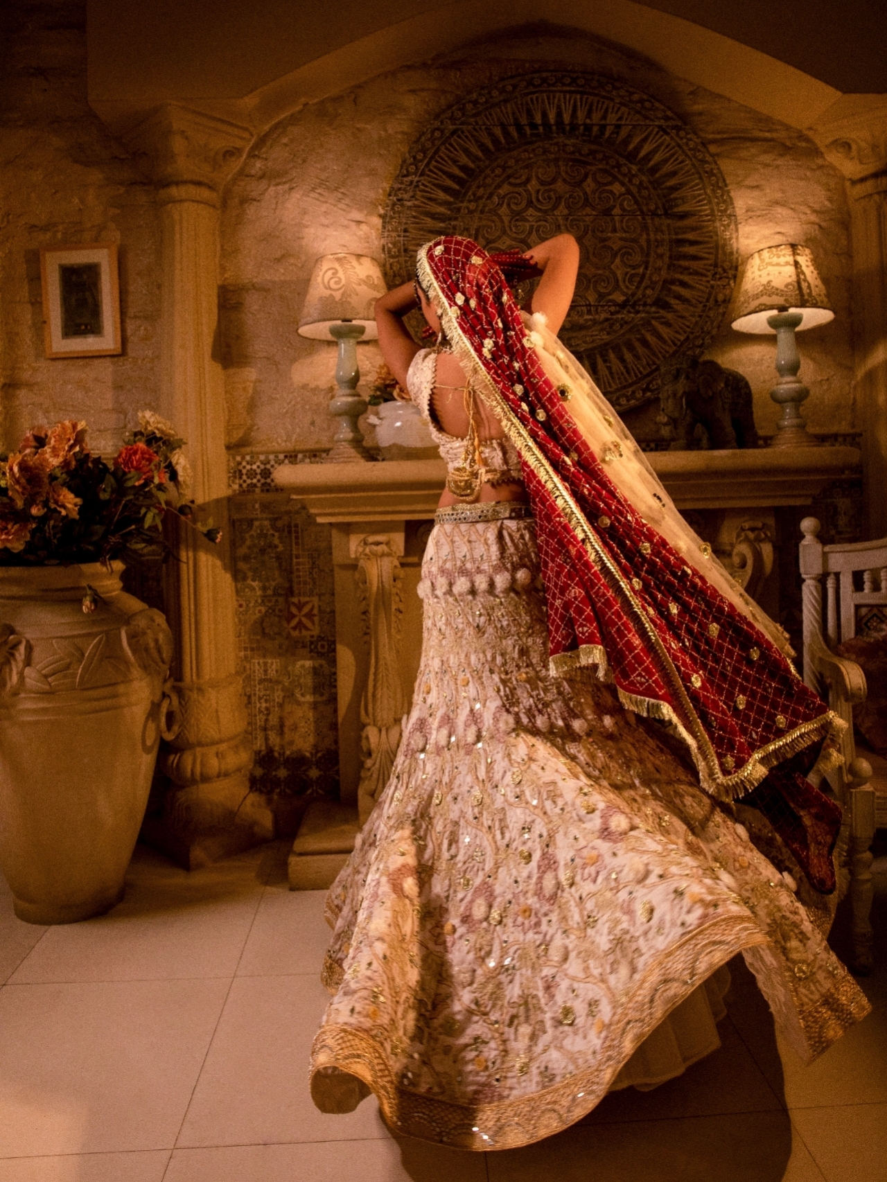 Off-White Embellished Silk Blend Bridal Lehenga (3-Piece) - Image 2