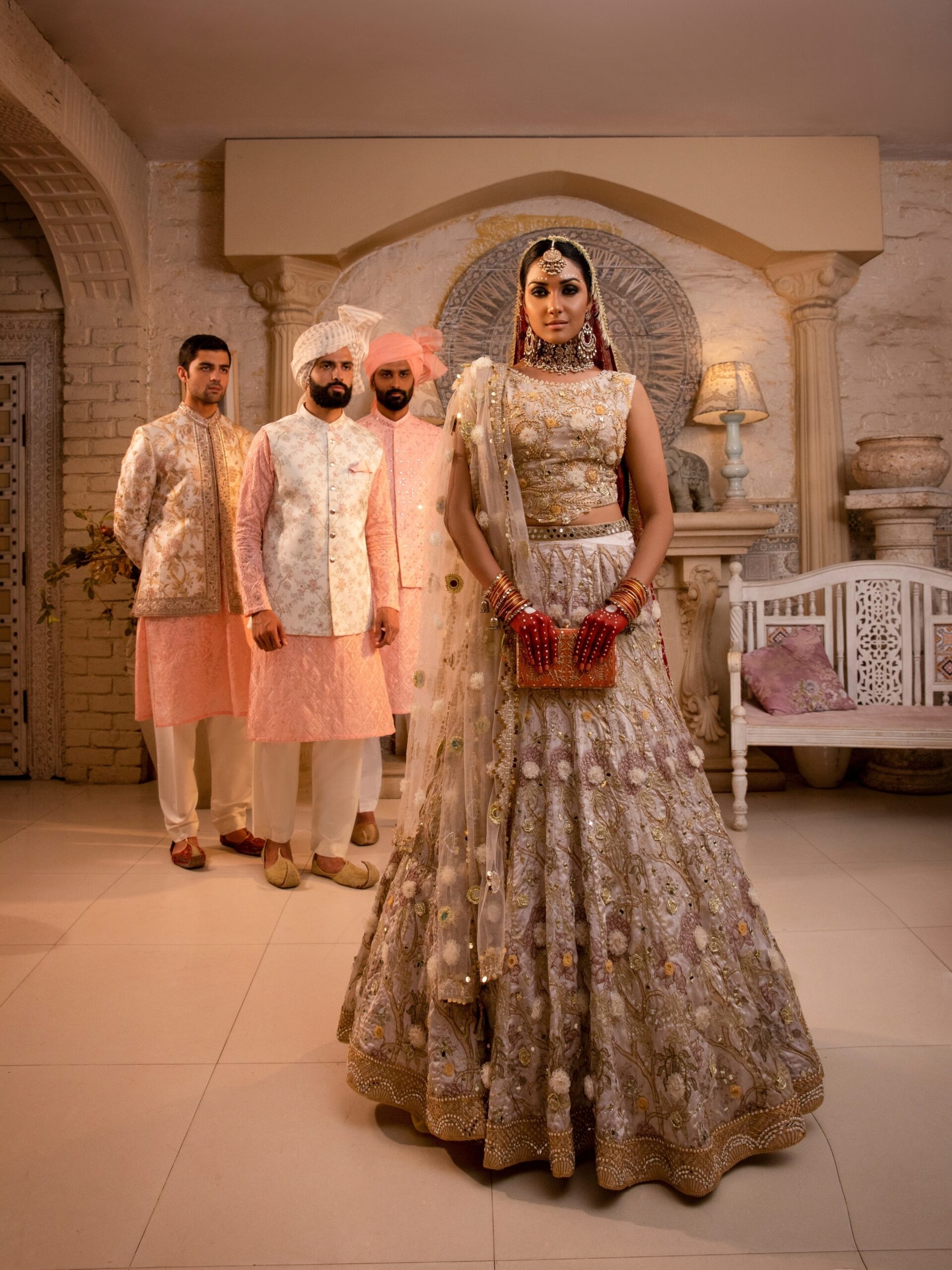Off-White Embellished Silk Blend Bridal Lehenga (3-Piece) - Image 3