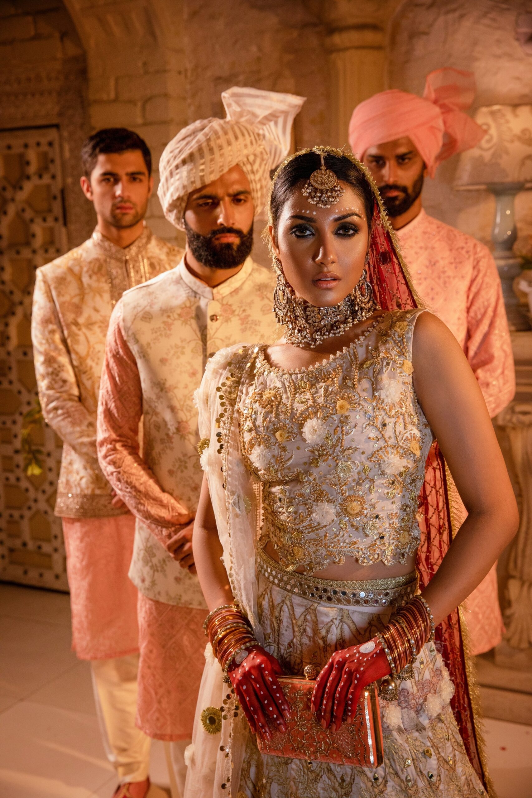 Off-White Embellished Silk Blend Bridal Lehenga (3-Piece) - Image 5