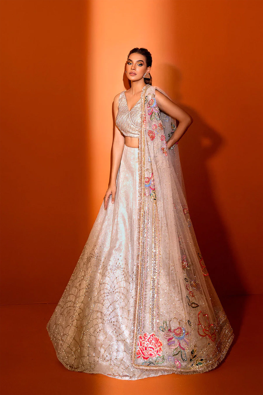 Pakistani Ivory Embroidered Silk Brocade Lehenga (3-Piece) - Image 1