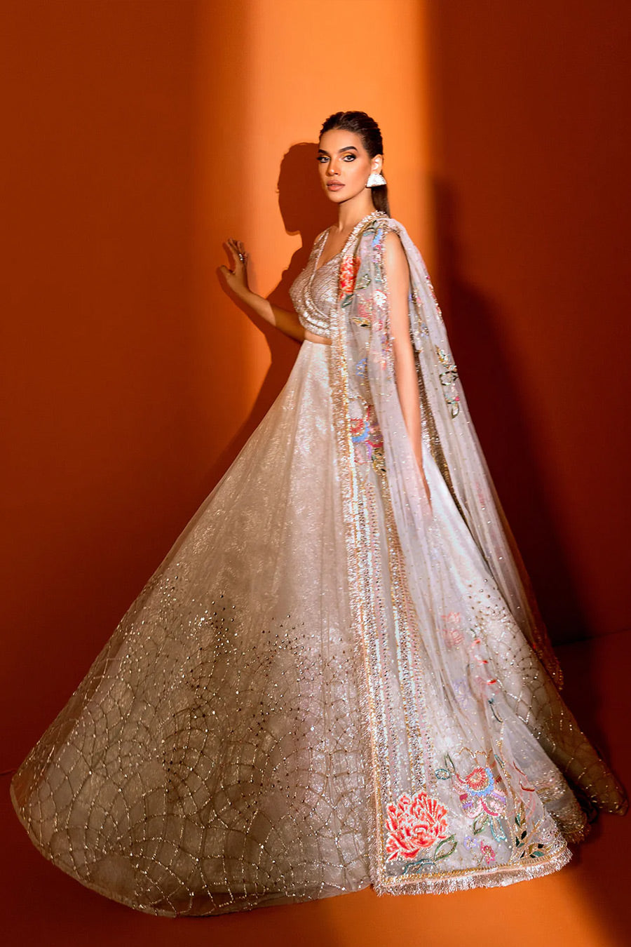 Pakistani Ivory Embroidered Silk Brocade Lehenga (3-Piece) - Image 3