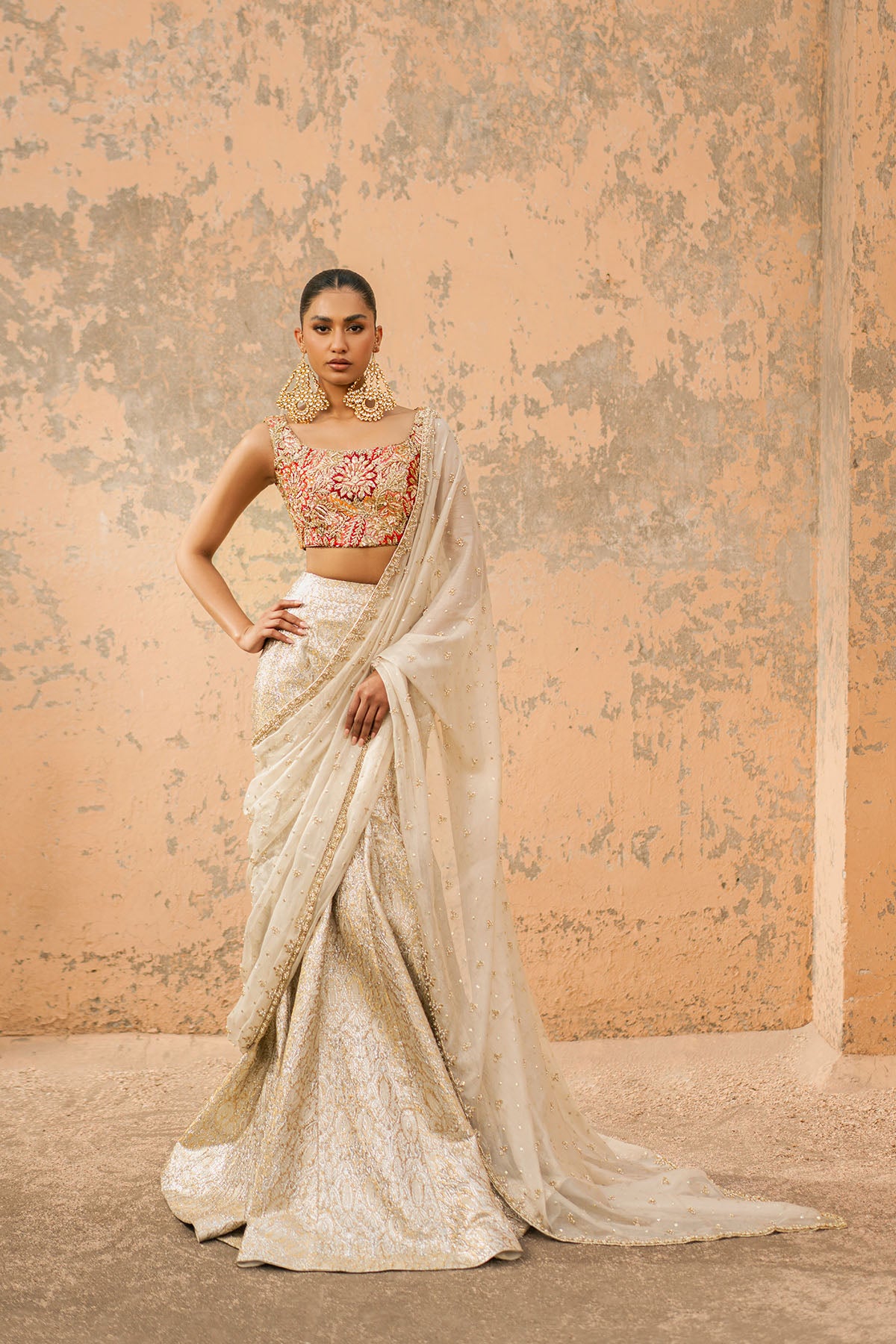Ivory Gold Zardozi Silk Brocade Lehenga (3-Piece) - Image 1