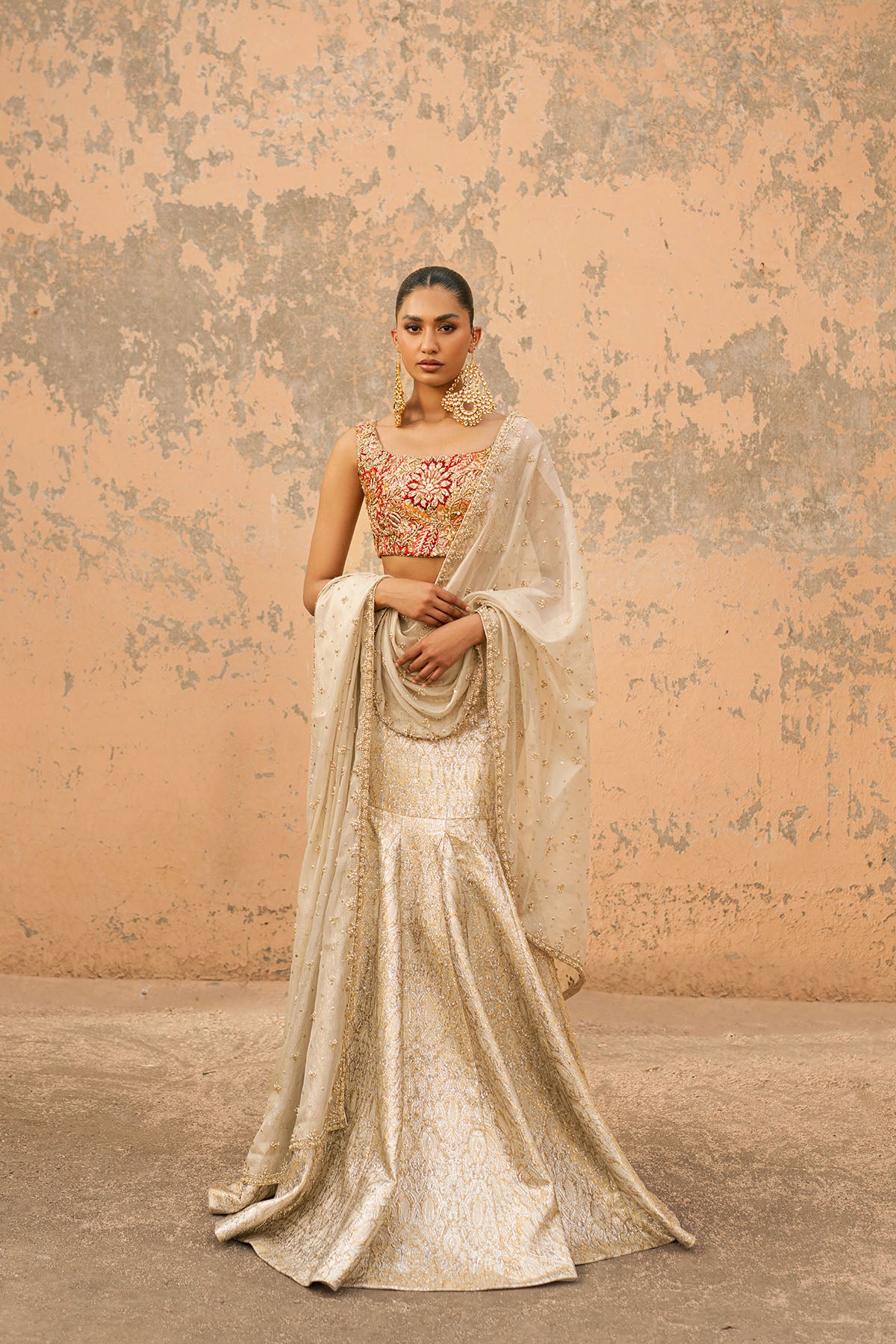 Ivory Gold Zardozi Silk Brocade Lehenga (3-Piece) - Image 2
