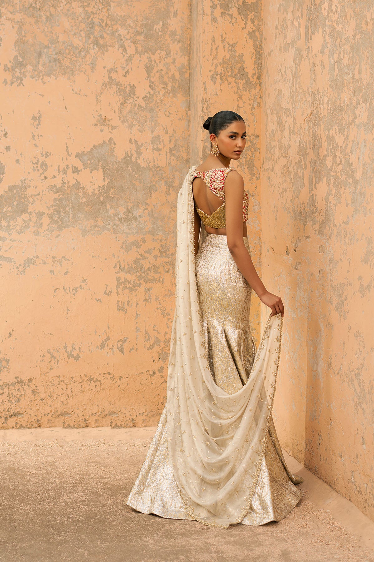 Ivory Gold Zardozi Silk Brocade Lehenga (3-Piece) - Image 3