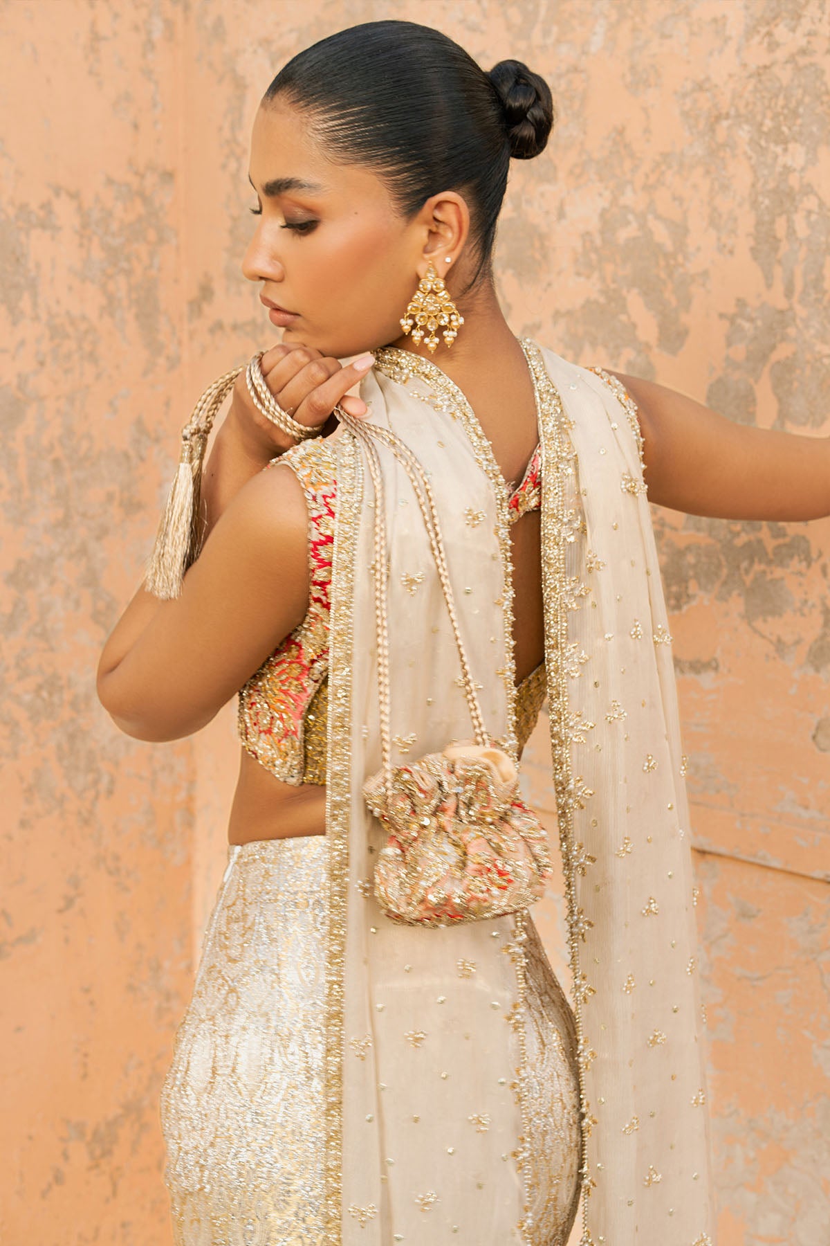 Ivory Gold Zardozi Silk Brocade Lehenga (3-Piece) - Image 4