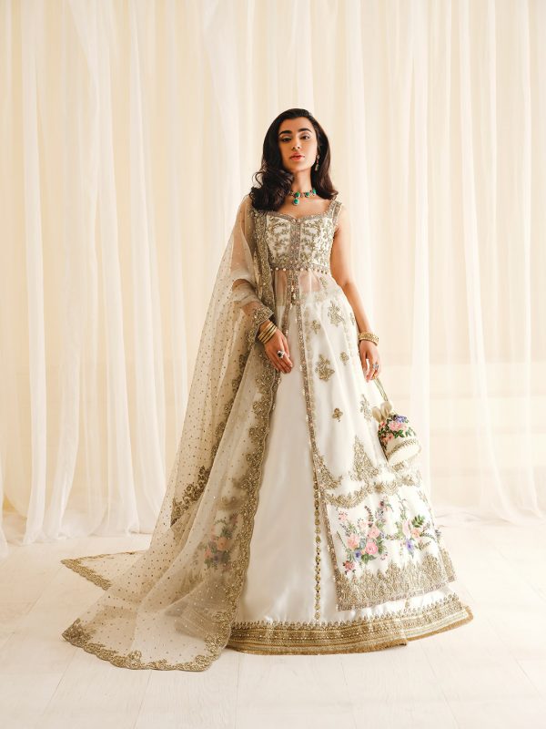 Ivory Dabka Embroidered Silk Bridal Lehenga (3-Piece) - Image 1