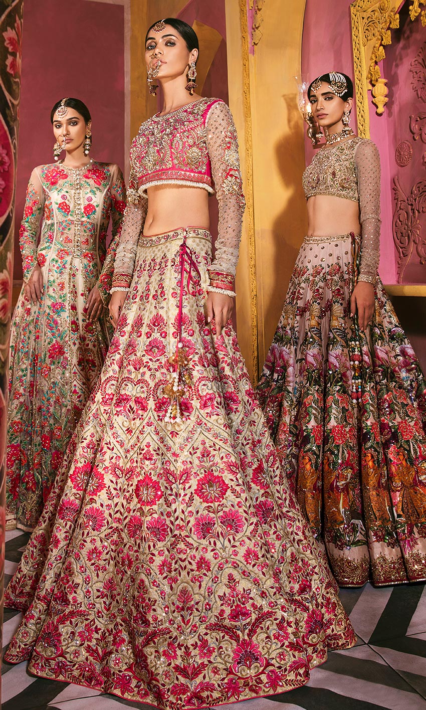 Ivory Fuchsia Embroidered Silk Bridal Lehenga (2-Piece) - Image 1