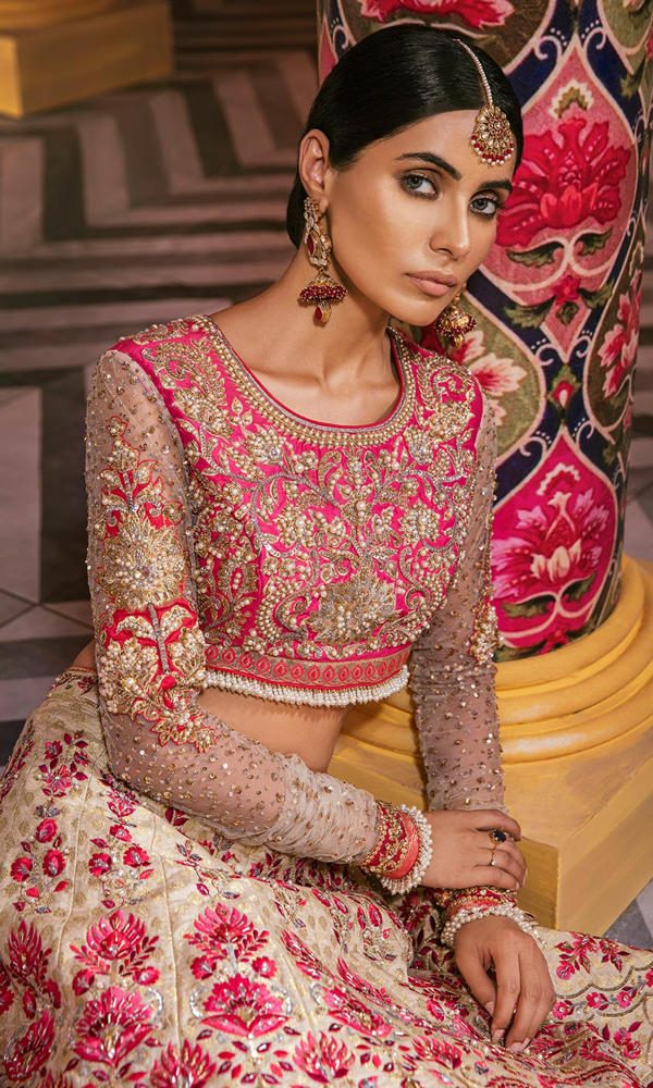 Ivory Fuchsia Embroidered Silk Bridal Lehenga (2-Piece) - Image 3