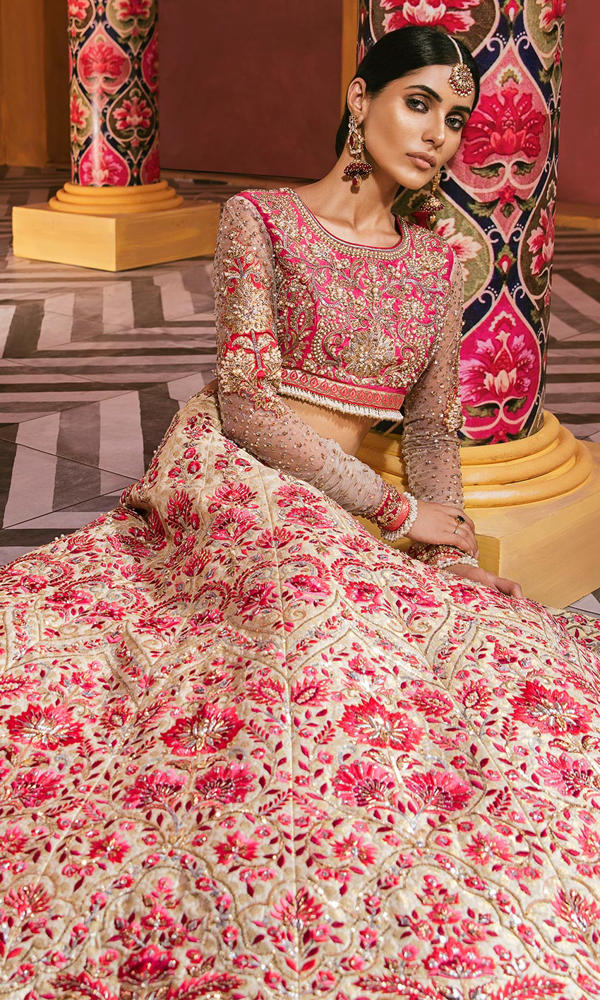Ivory Fuchsia Embroidered Silk Bridal Lehenga (2-Piece) - Image 4
