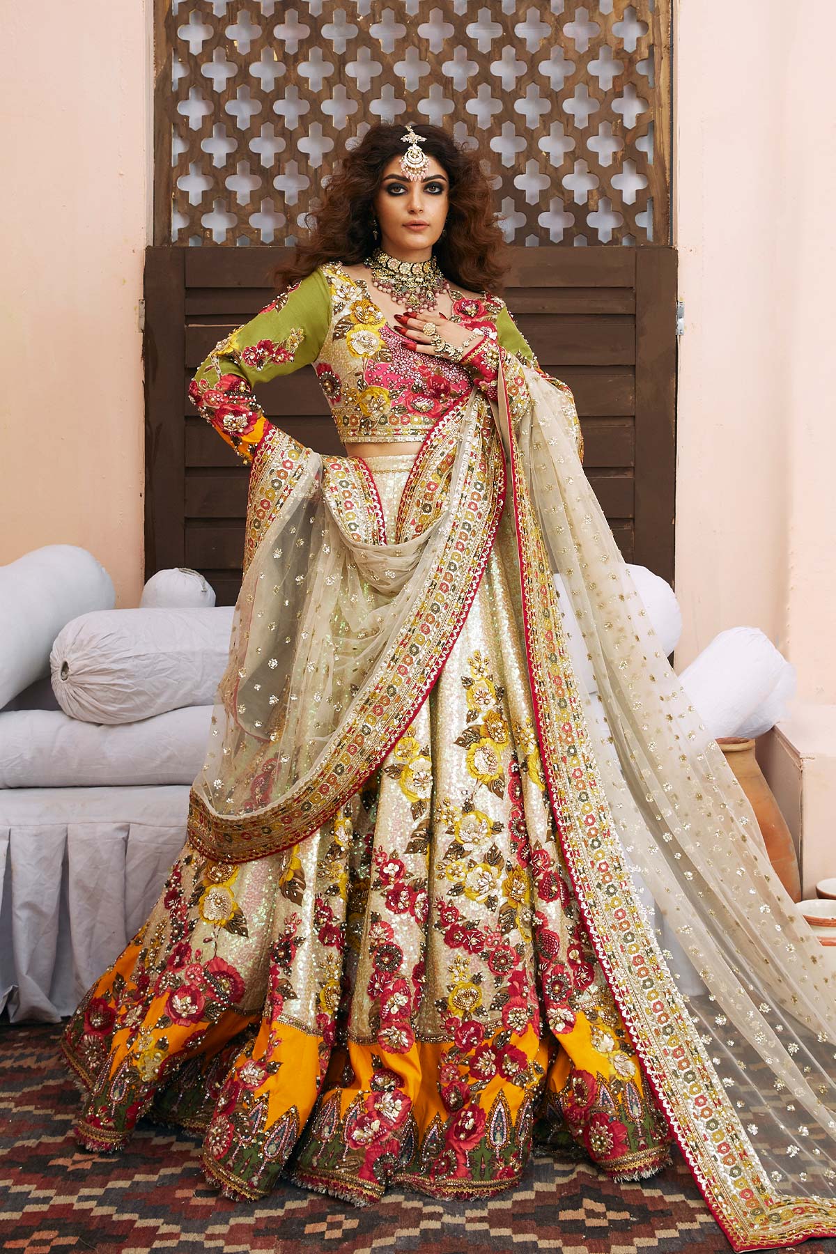 Pearled Ivory Embellished Silk & Net Lehenga Choli (3-Piece) - Image 1