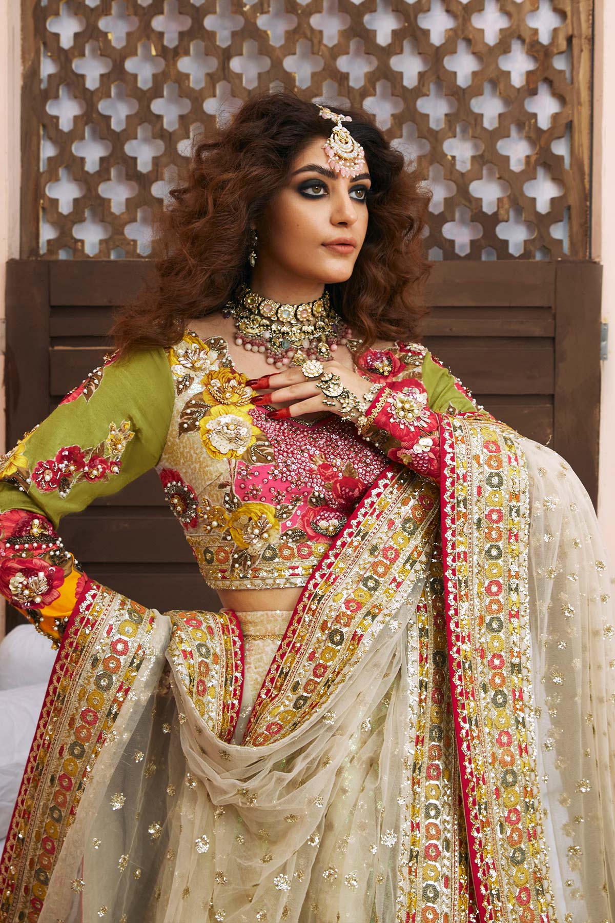 Pearled Ivory Embellished Silk & Net Lehenga Choli (3-Piece) - Image 2