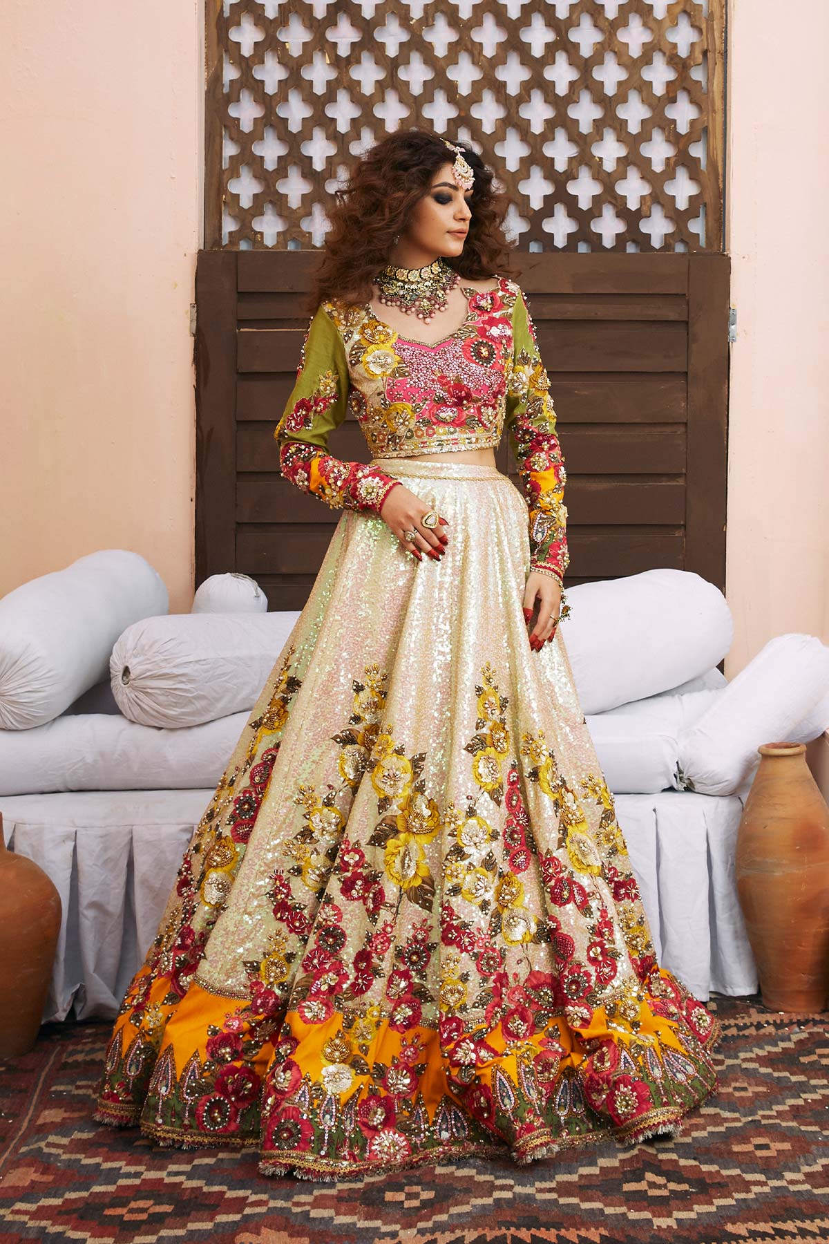 Pearled Ivory Embellished Silk & Net Lehenga Choli (3-Piece) - Image 3