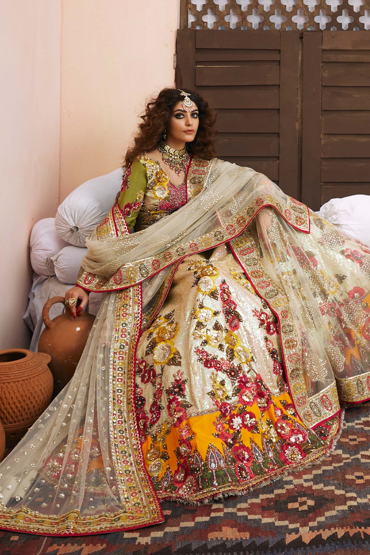 Pearled Ivory Embellished Silk & Net Lehenga Choli (3-Piece) - Image 4