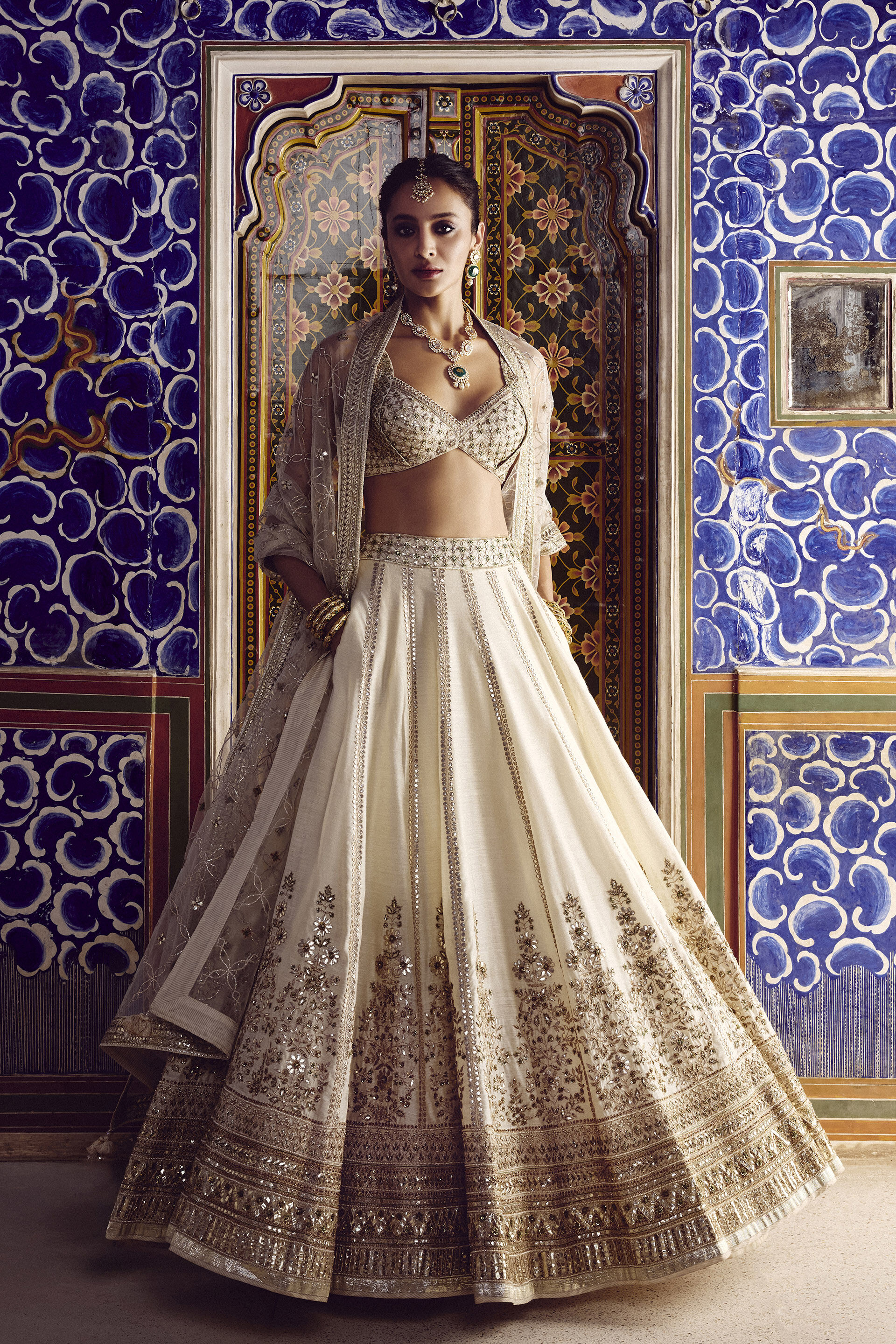 Indian Ivory Gota Patti Zardozi Silk Bridal Lehenga (3-Piece) - Image 1