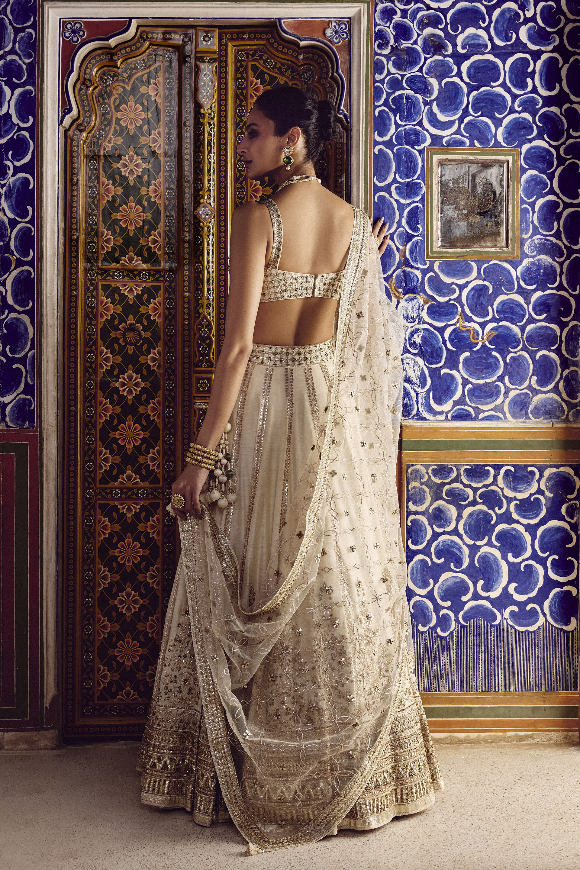 Indian Ivory Gota Patti Zardozi Silk Bridal Lehenga (3-Piece) - Image 2