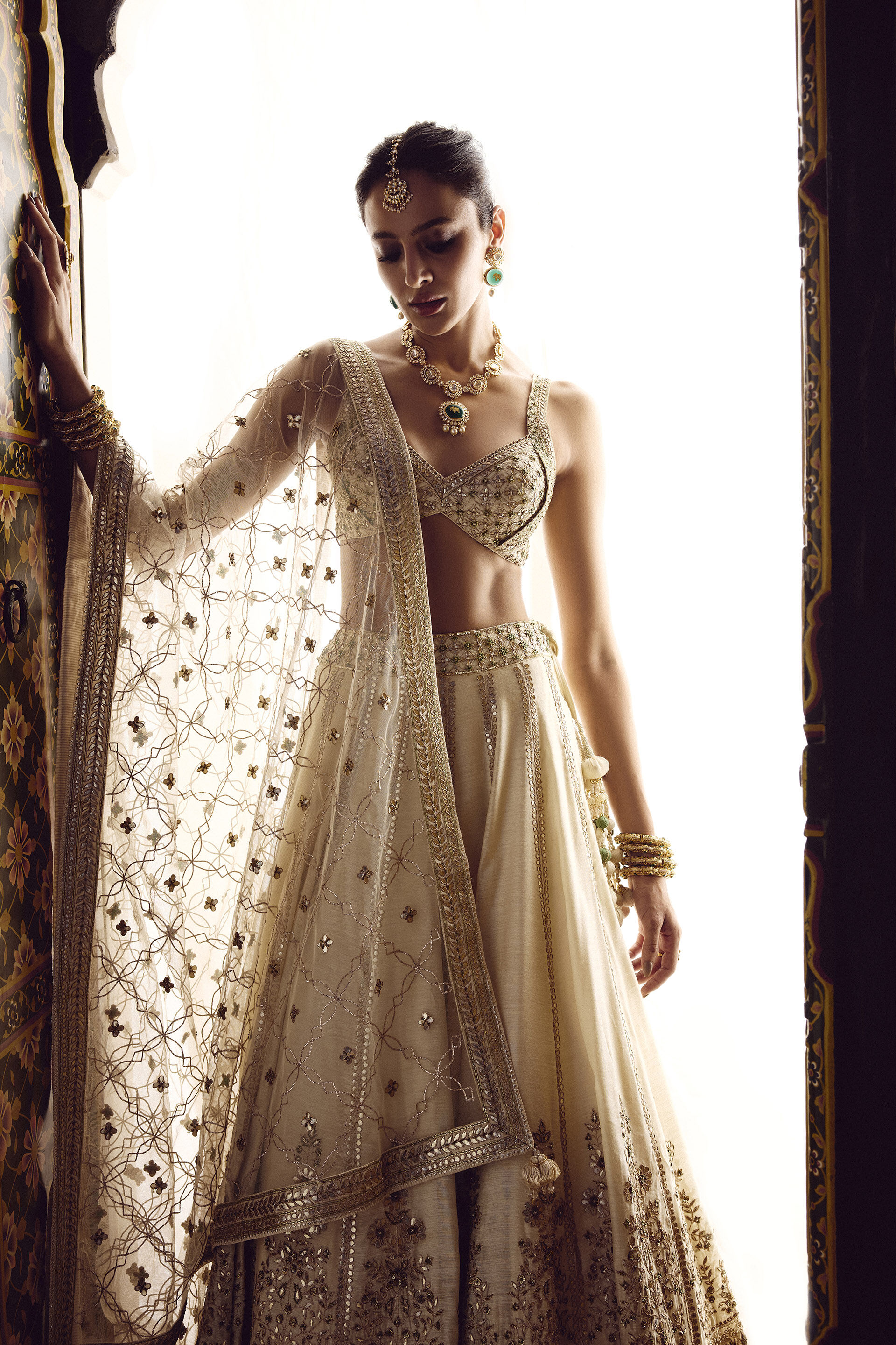Indian Ivory Gota Patti Zardozi Silk Bridal Lehenga (3-Piece) - Image 3