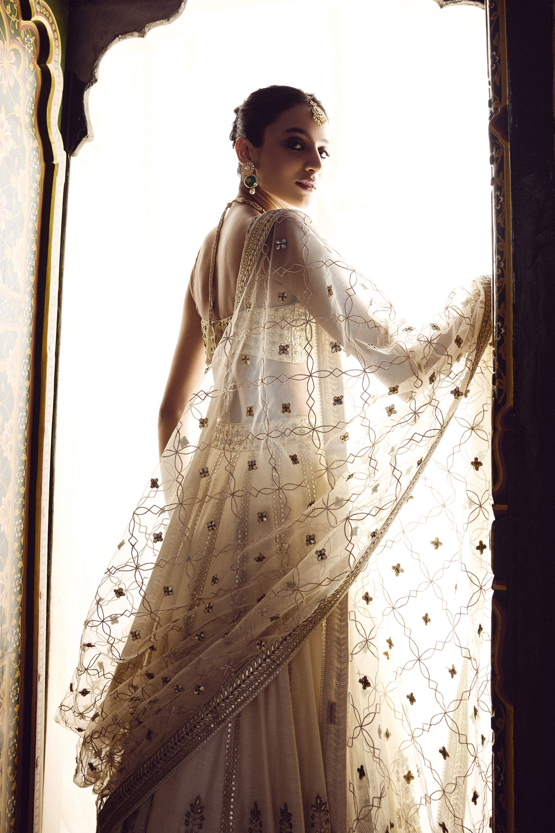 Indian Ivory Gota Patti Zardozi Silk Bridal Lehenga (3-Piece) - Image 4