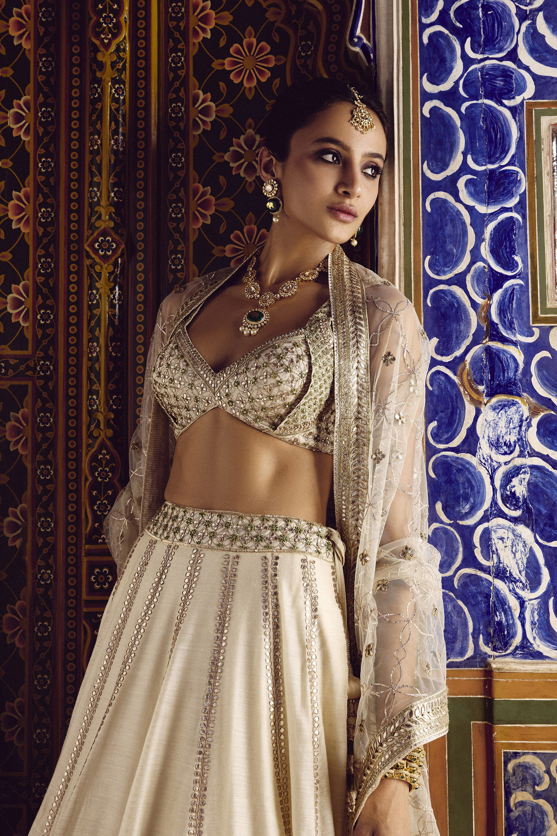 Indian Ivory Gota Patti Zardozi Silk Bridal Lehenga (3-Piece) - Image 5