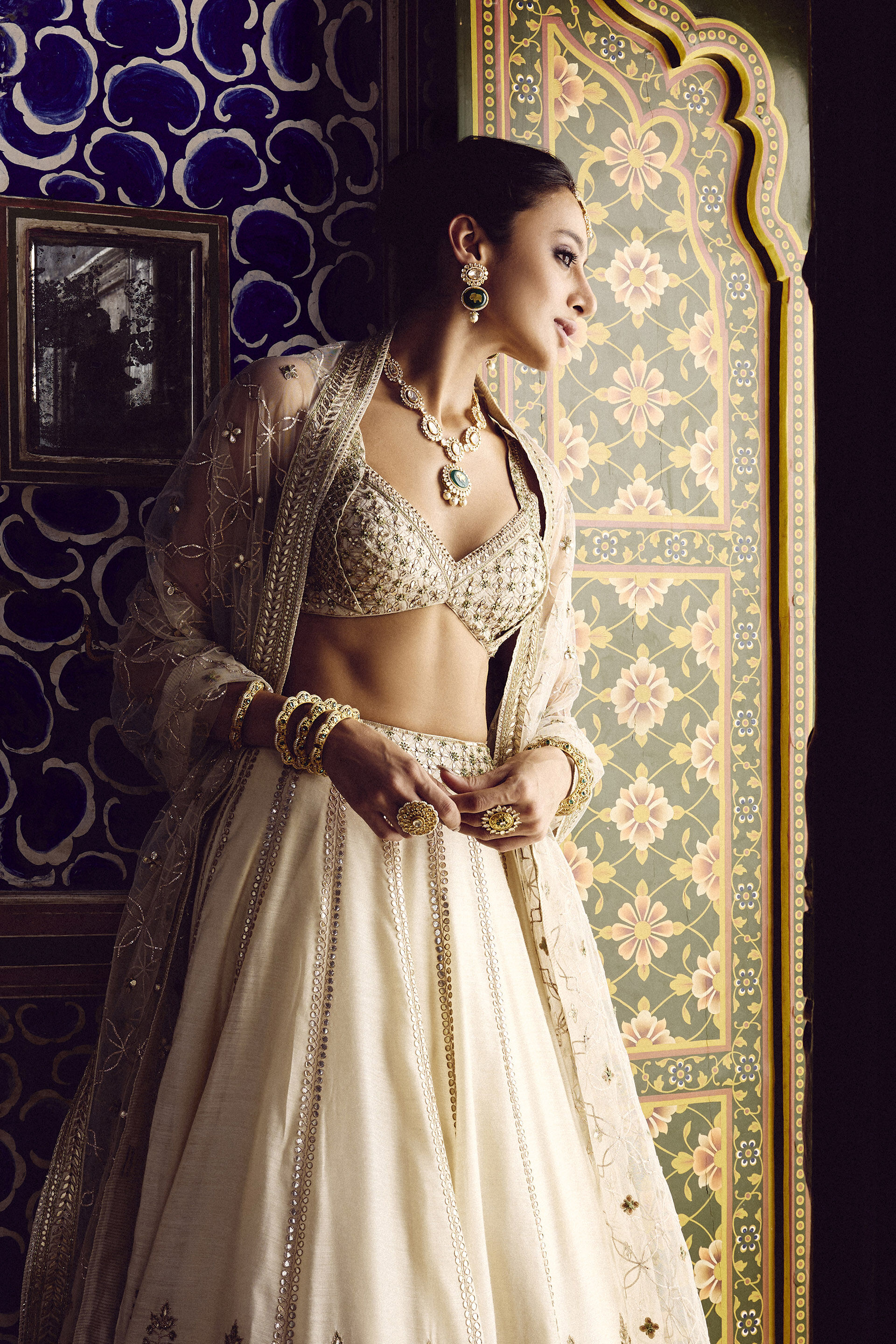 Indian Ivory Gota Patti Zardozi Silk Bridal Lehenga (3-Piece) - Image 6