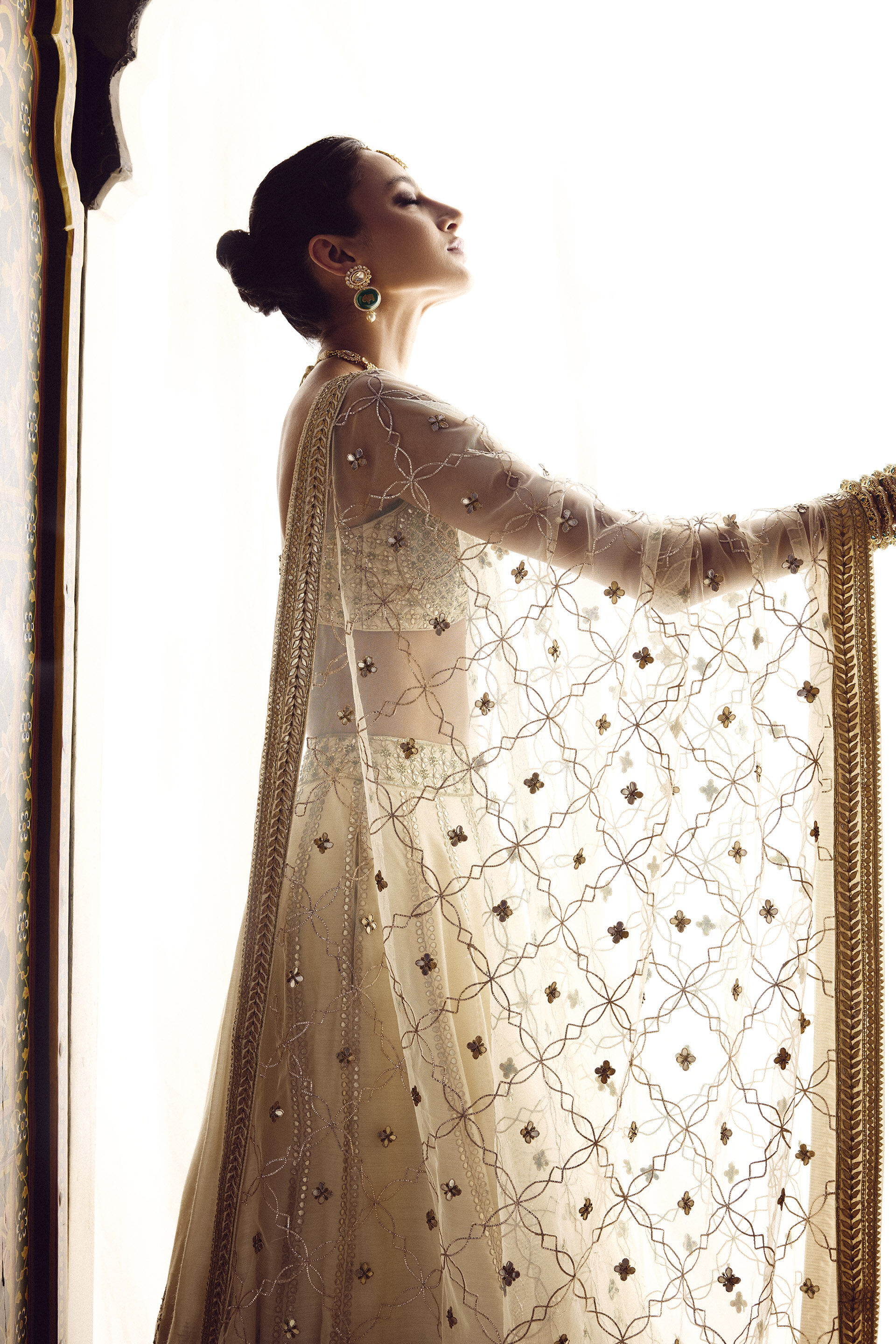 Indian Ivory Gota Patti Zardozi Silk Bridal Lehenga (3-Piece) - Image 7