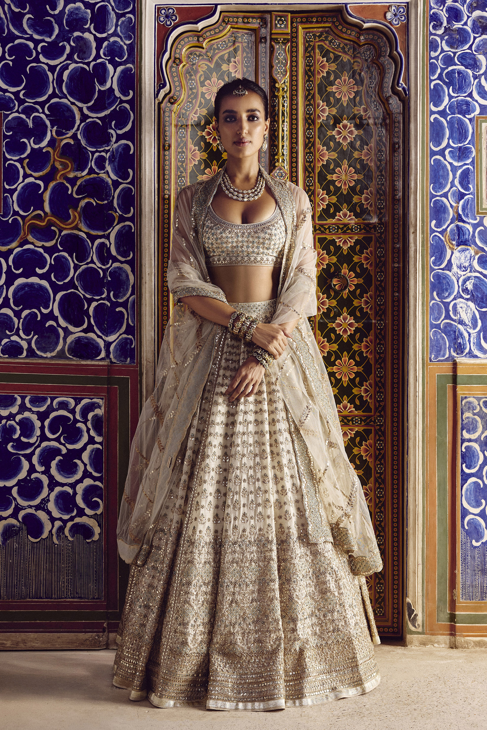 Indian Ivory Gota Patti Silk Lehenga Set (3-Piece) - Image 1