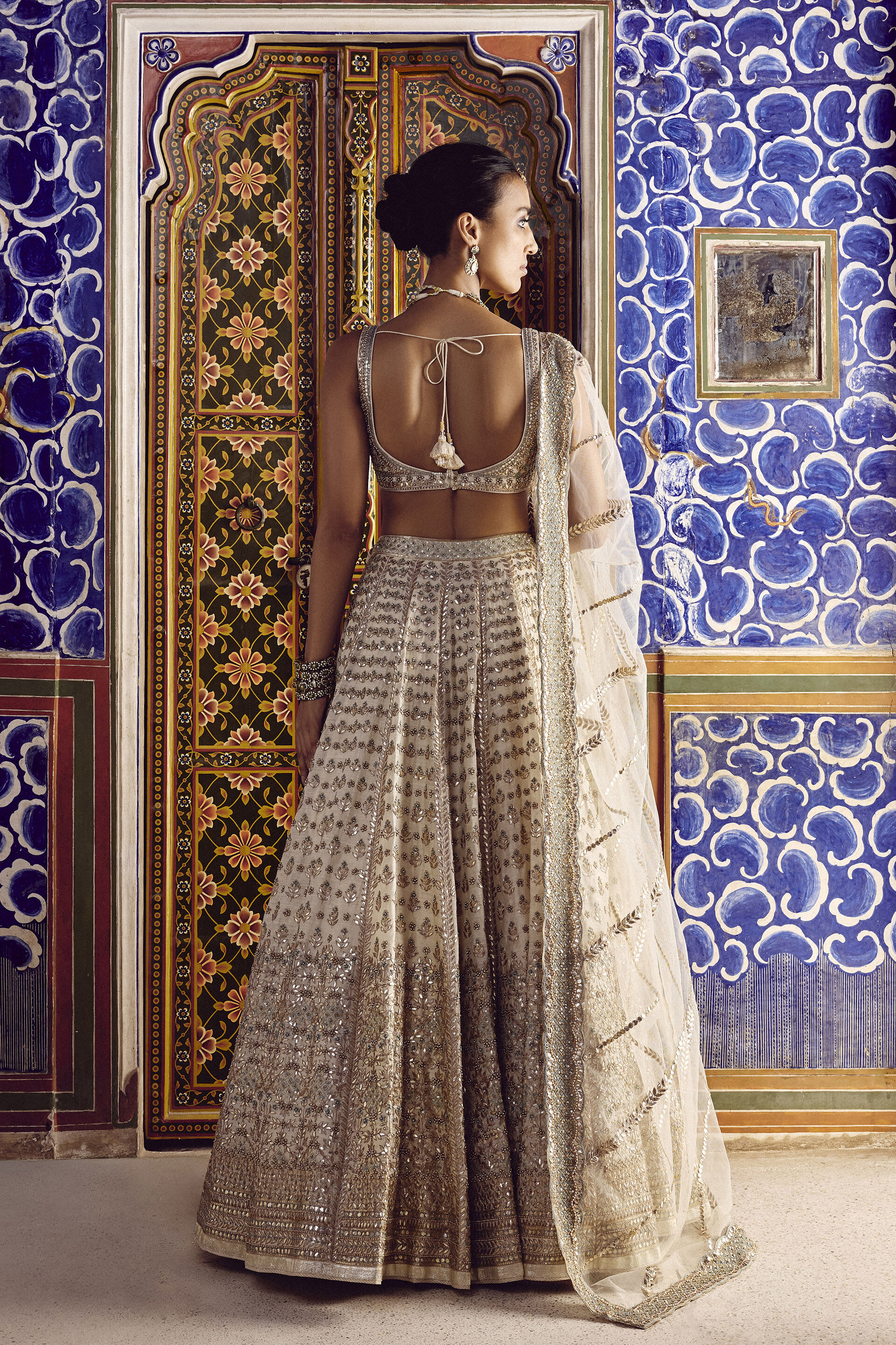Indian Ivory Gota Patti Silk Lehenga Set (3-Piece) - Image 2