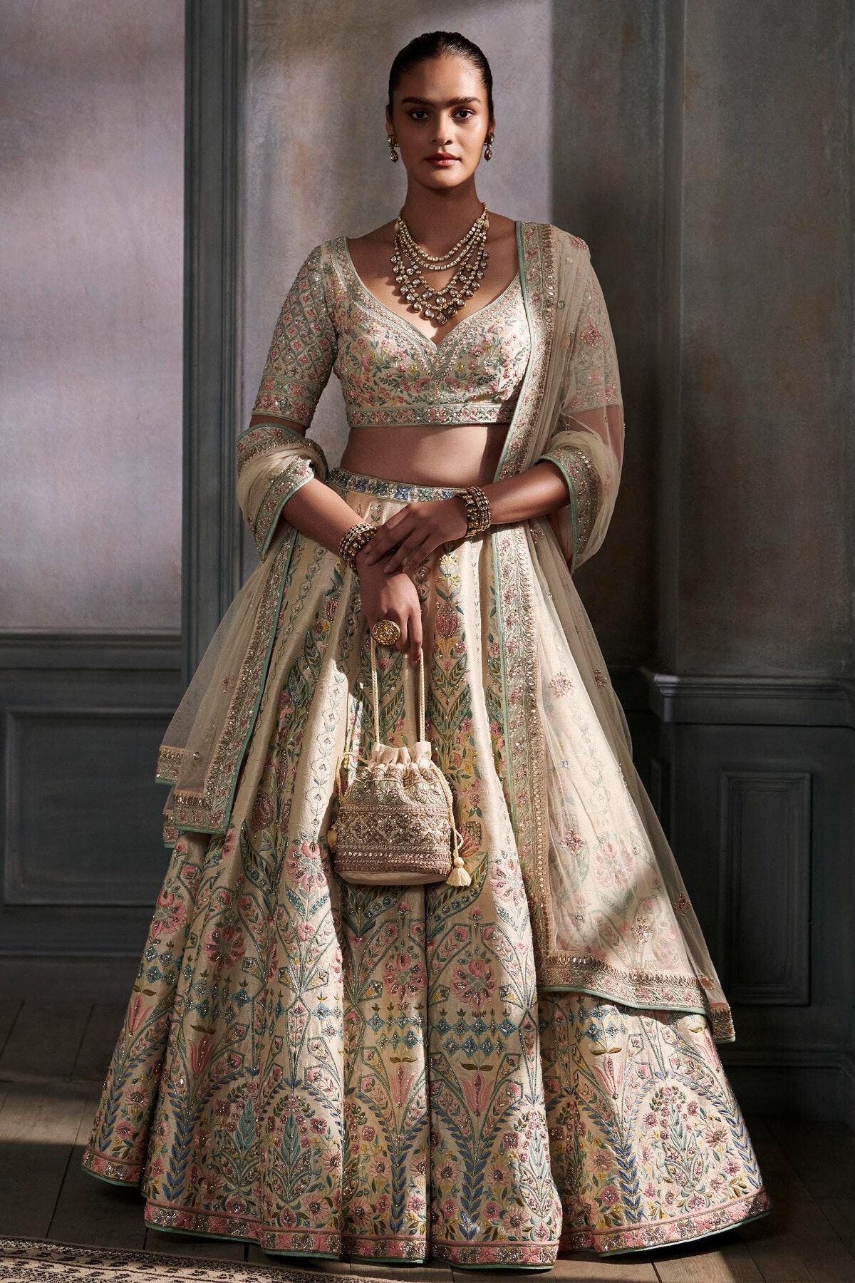 Indian Cream Gota Patti Silk Lehenga Set (3-Piece) - Image 1