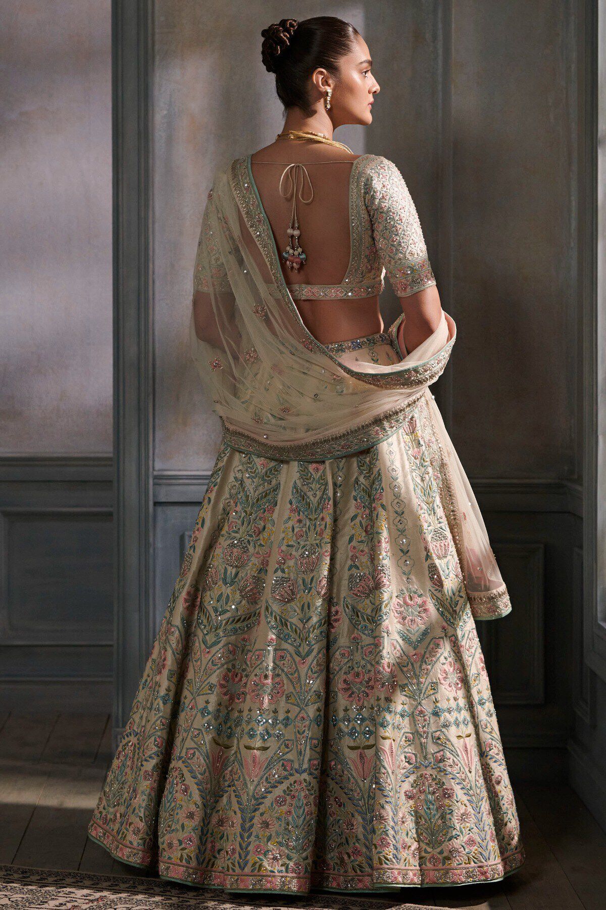 Indian Cream Gota Patti Silk Lehenga Set (3-Piece) - Image 2