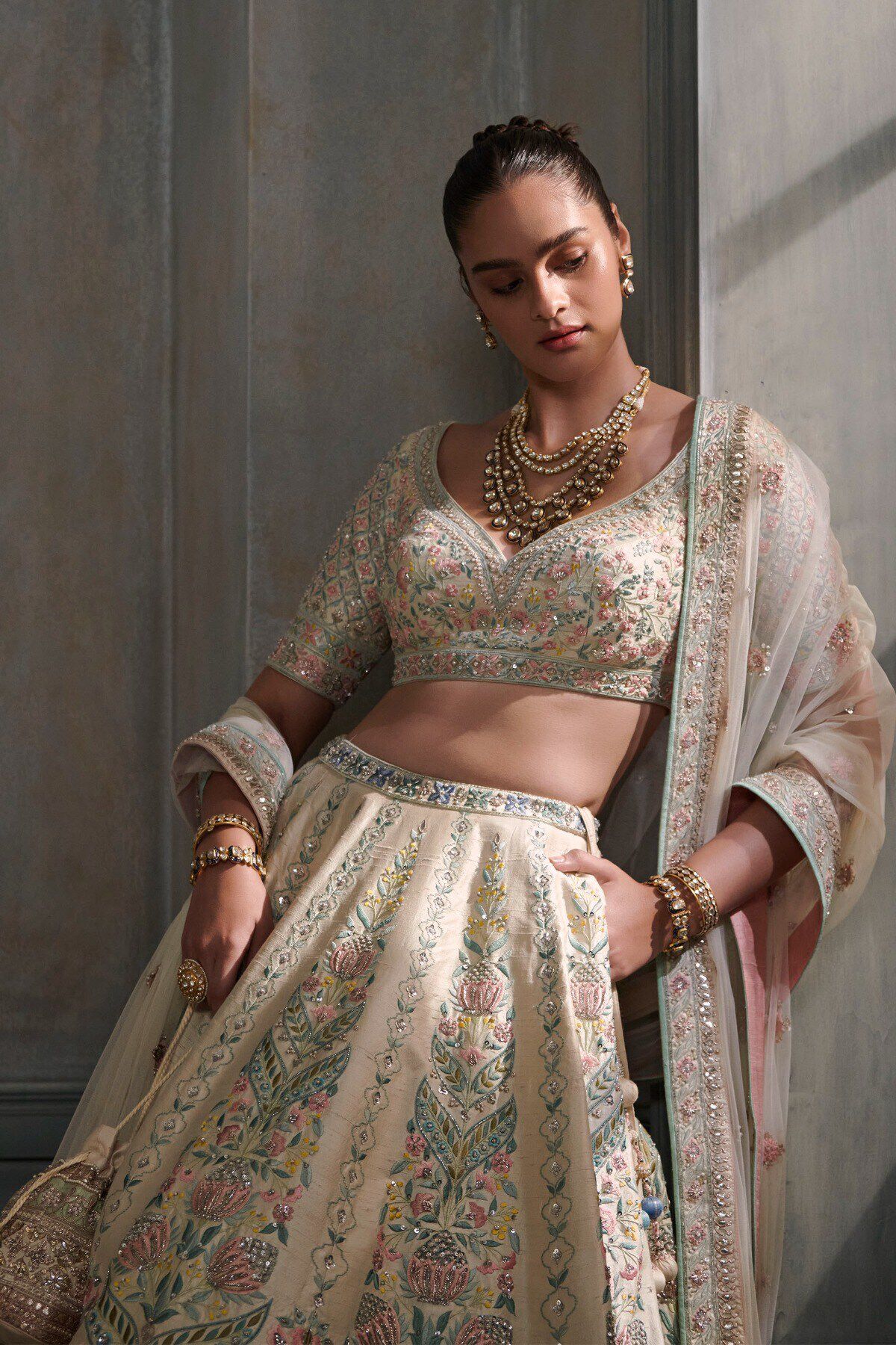 Indian Cream Gota Patti Silk Lehenga Set (3-Piece) - Image 3