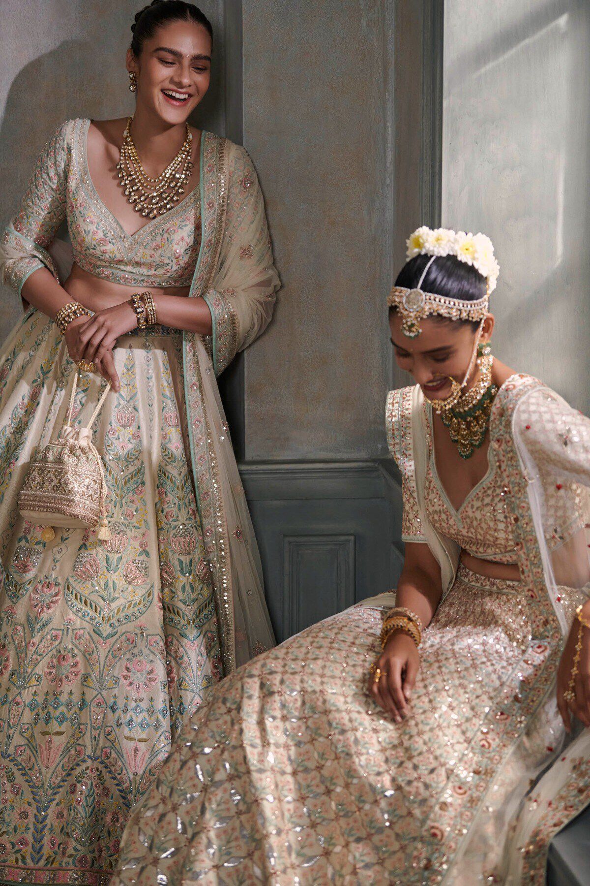 Indian Cream Gota Patti Silk Lehenga Set (3-Piece) - Image 4