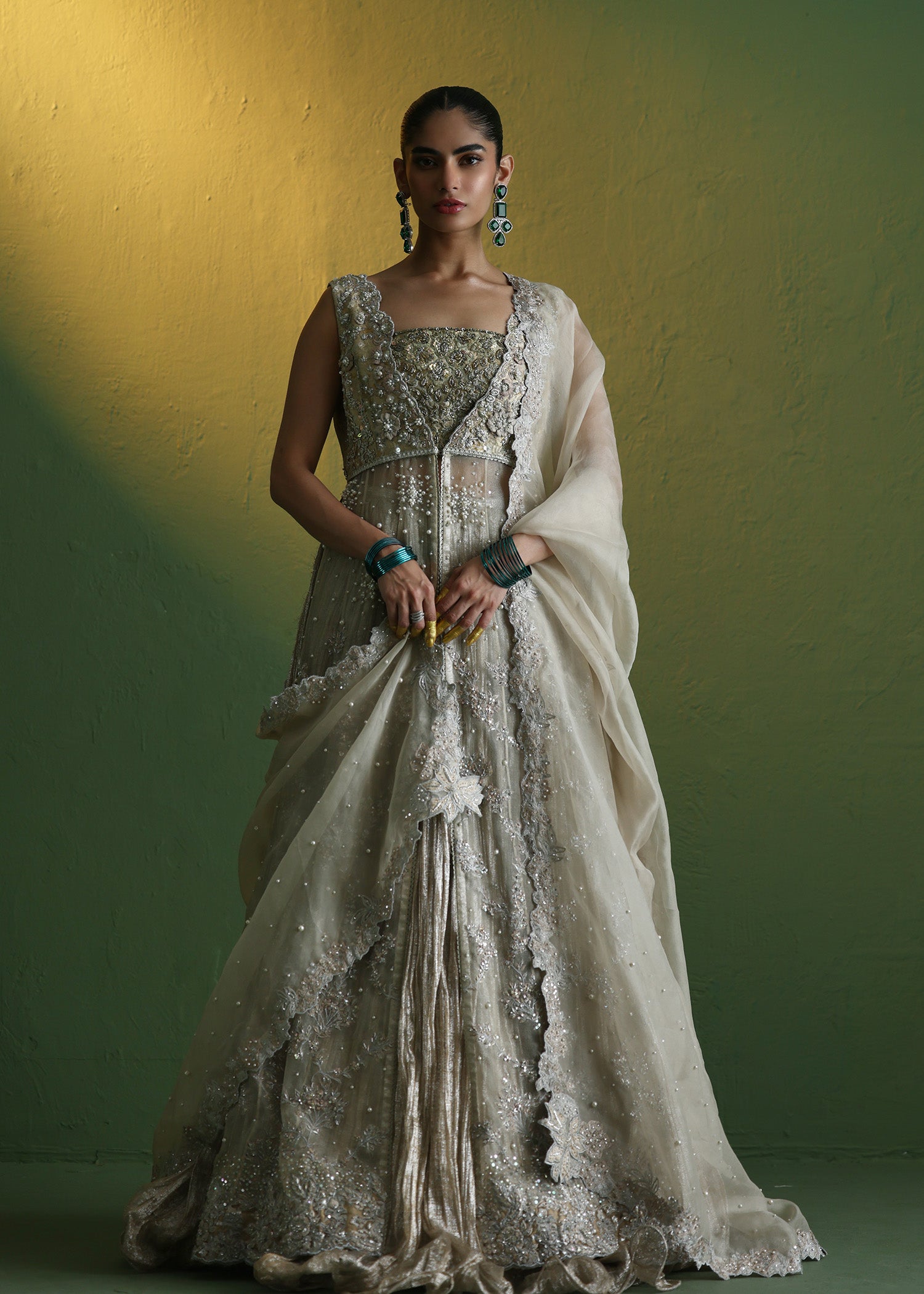 Off-White Embellished Silk & Atlas Lehenga Gown (3-Piece) - Image 1