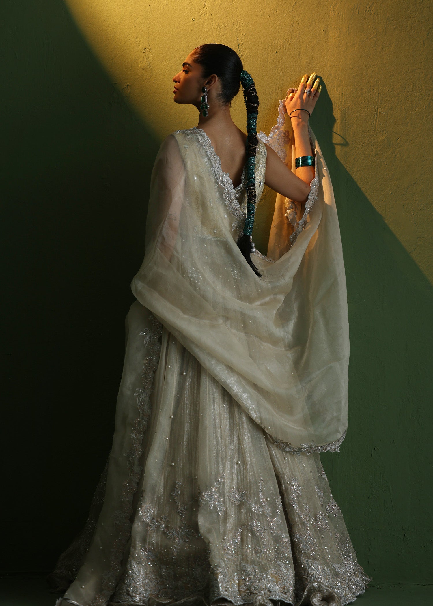 Off-White Embellished Silk & Atlas Lehenga Gown (3-Piece) - Image 2