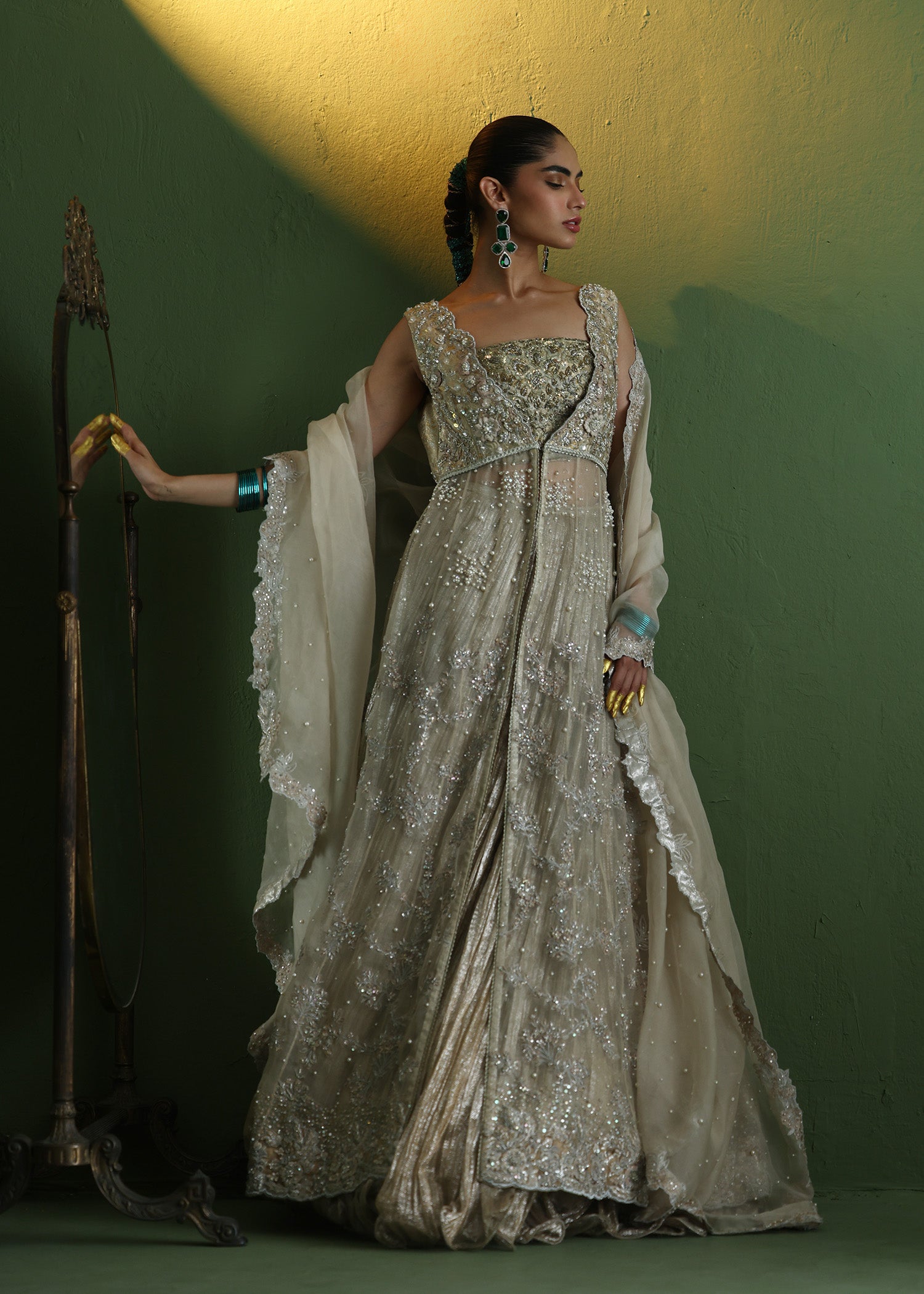 Off-White Embellished Silk & Atlas Lehenga Gown (3-Piece) - Image 3