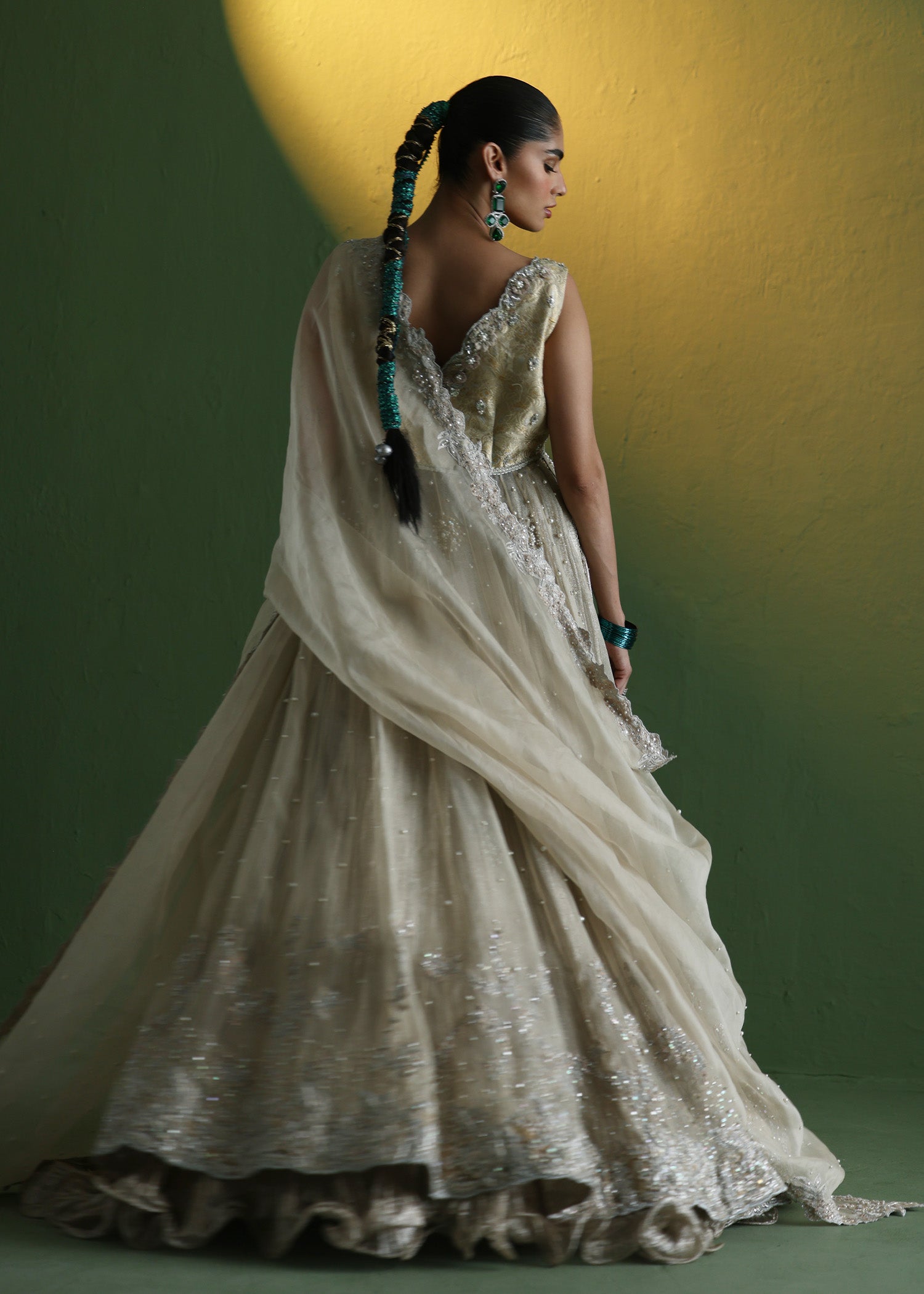 Off-White Embellished Silk & Atlas Lehenga Gown (3-Piece) - Image 4