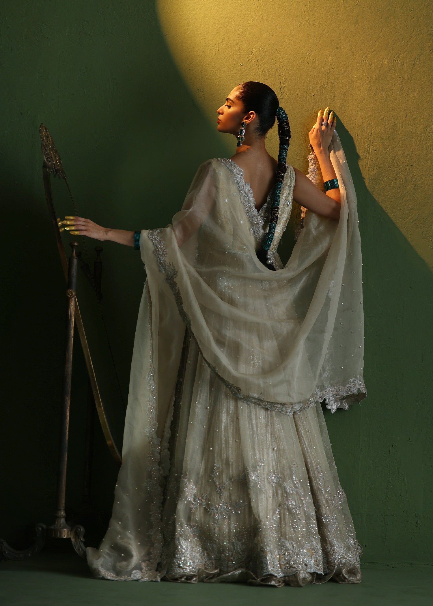 Off-White Embellished Silk & Atlas Lehenga Gown (3-Piece) - Image 5