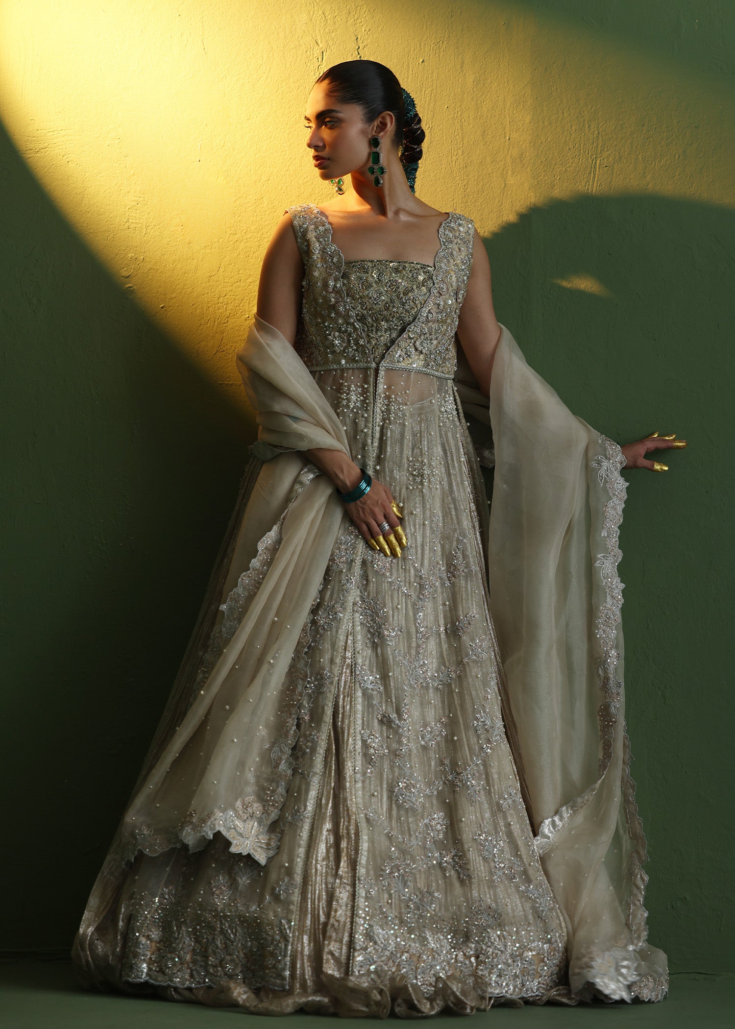 Off-White Embellished Silk & Atlas Lehenga Gown (3-Piece) - Image 6