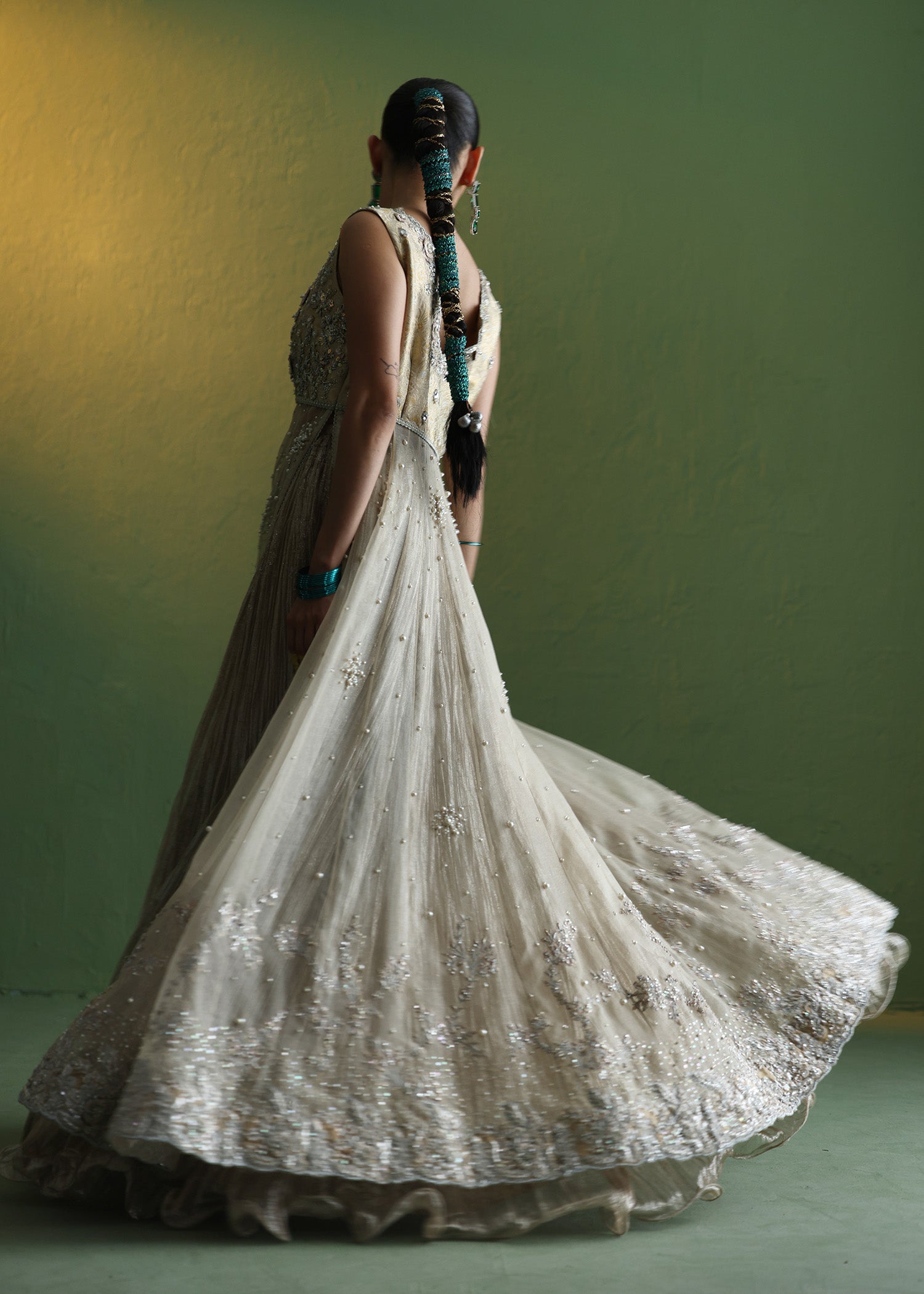 Off-White Embellished Silk & Atlas Lehenga Gown (3-Piece) - Image 7