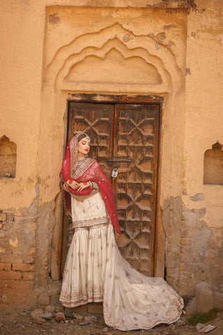 Ivory and Red Embellished Silk Bridal Lehenga (3-Piece) - Image 2