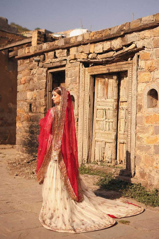 Ivory and Red Embellished Silk Bridal Lehenga (3-Piece) - Image 3
