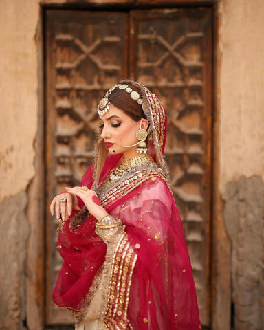 Ivory and Red Embellished Silk Bridal Lehenga (3-Piece) - Image 4