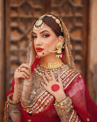 Ivory and Red Embellished Silk Bridal Lehenga (3-Piece) - Image 5