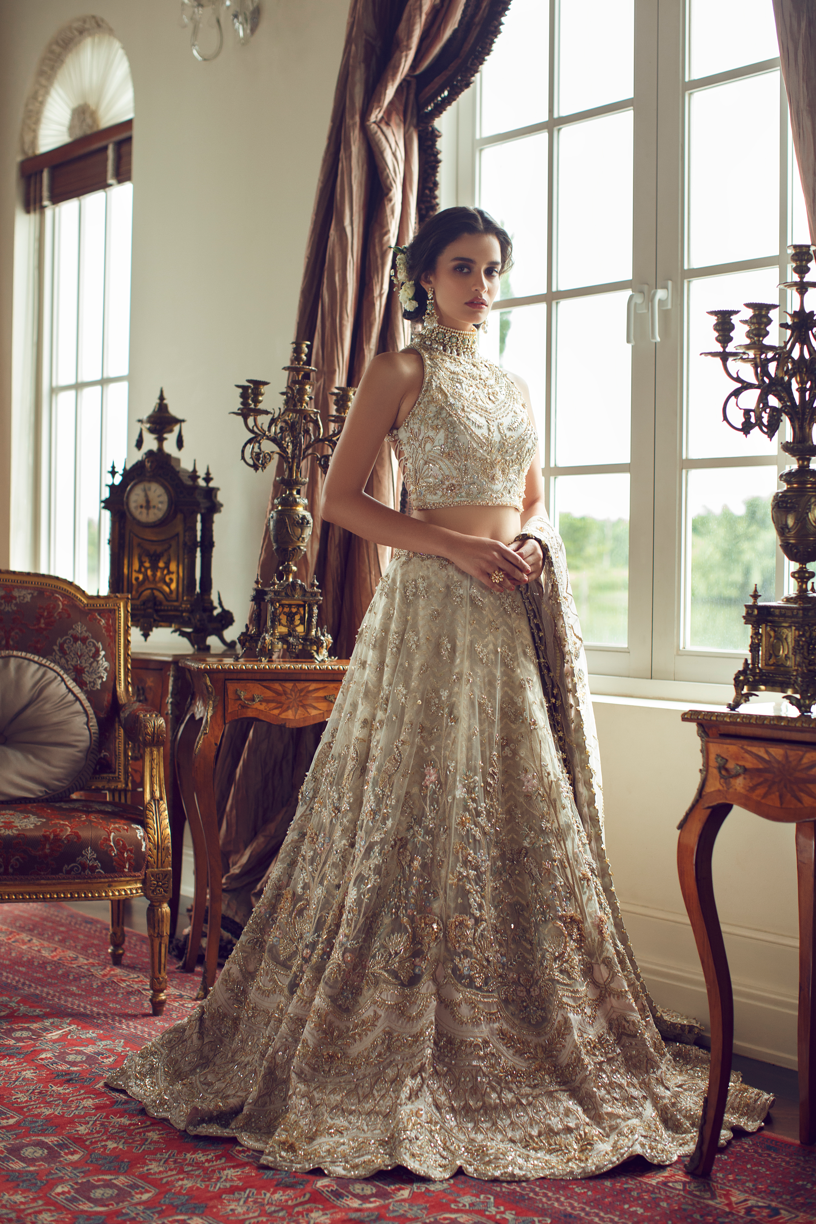 Pakistani Ivory Hand-Embellished Silk Choli & Net Lehenga (3-Piece) - Image 2