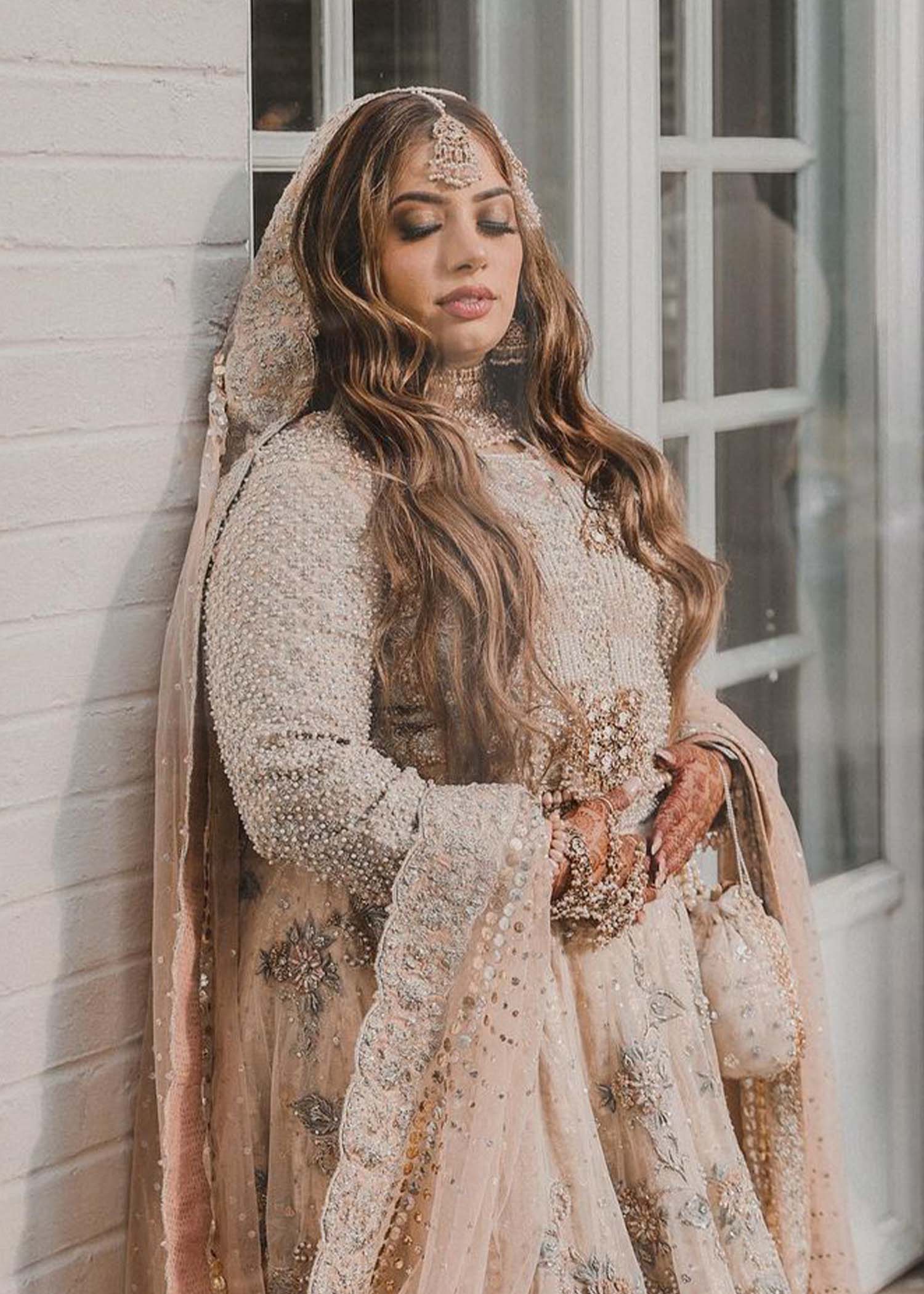 Pakistani Ivory Blush Embellished Net Silk Bridal Lehenga (3-Piece) - Image 4