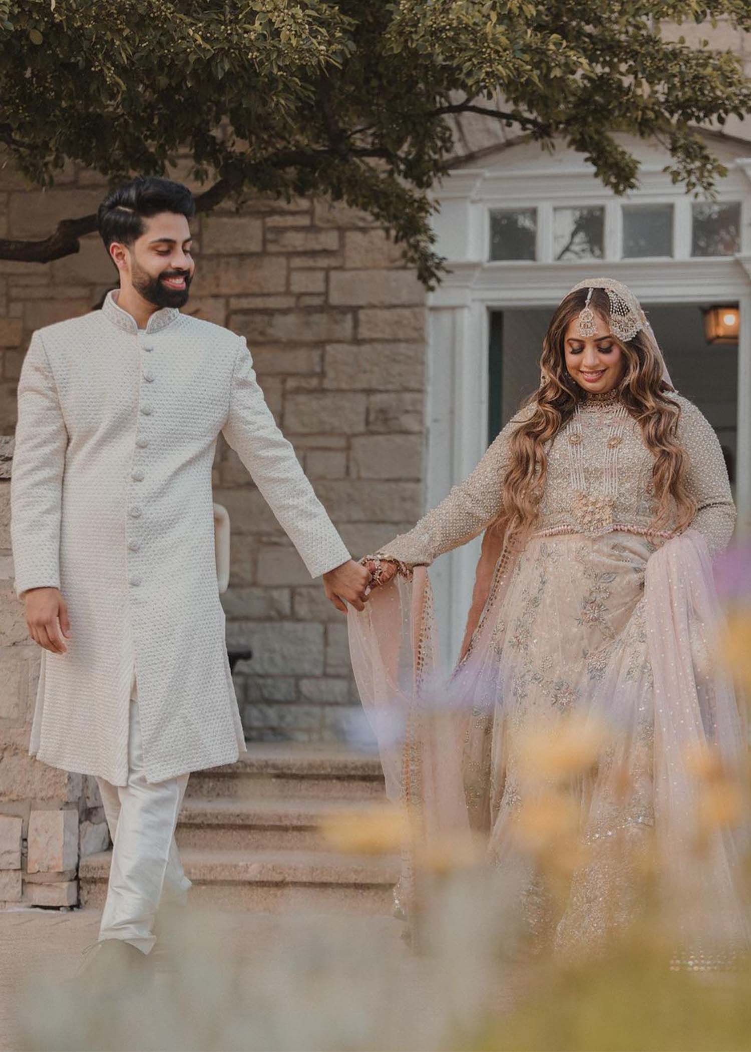 Pakistani Ivory Blush Embellished Net Silk Bridal Lehenga (3-Piece) - Image 6