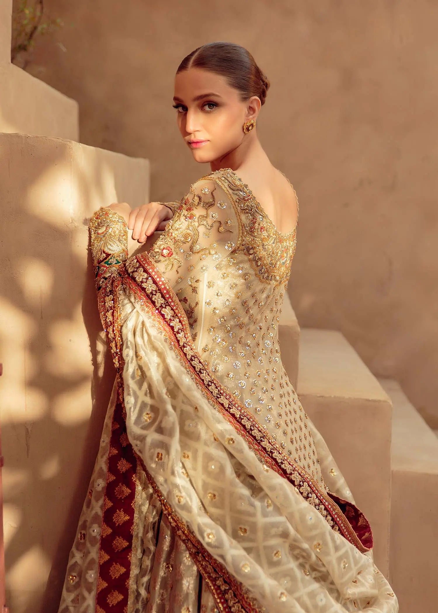 Ivory and Red Embellished Silk-Blend Bridal Lehenga (3-Piece) - Image 3