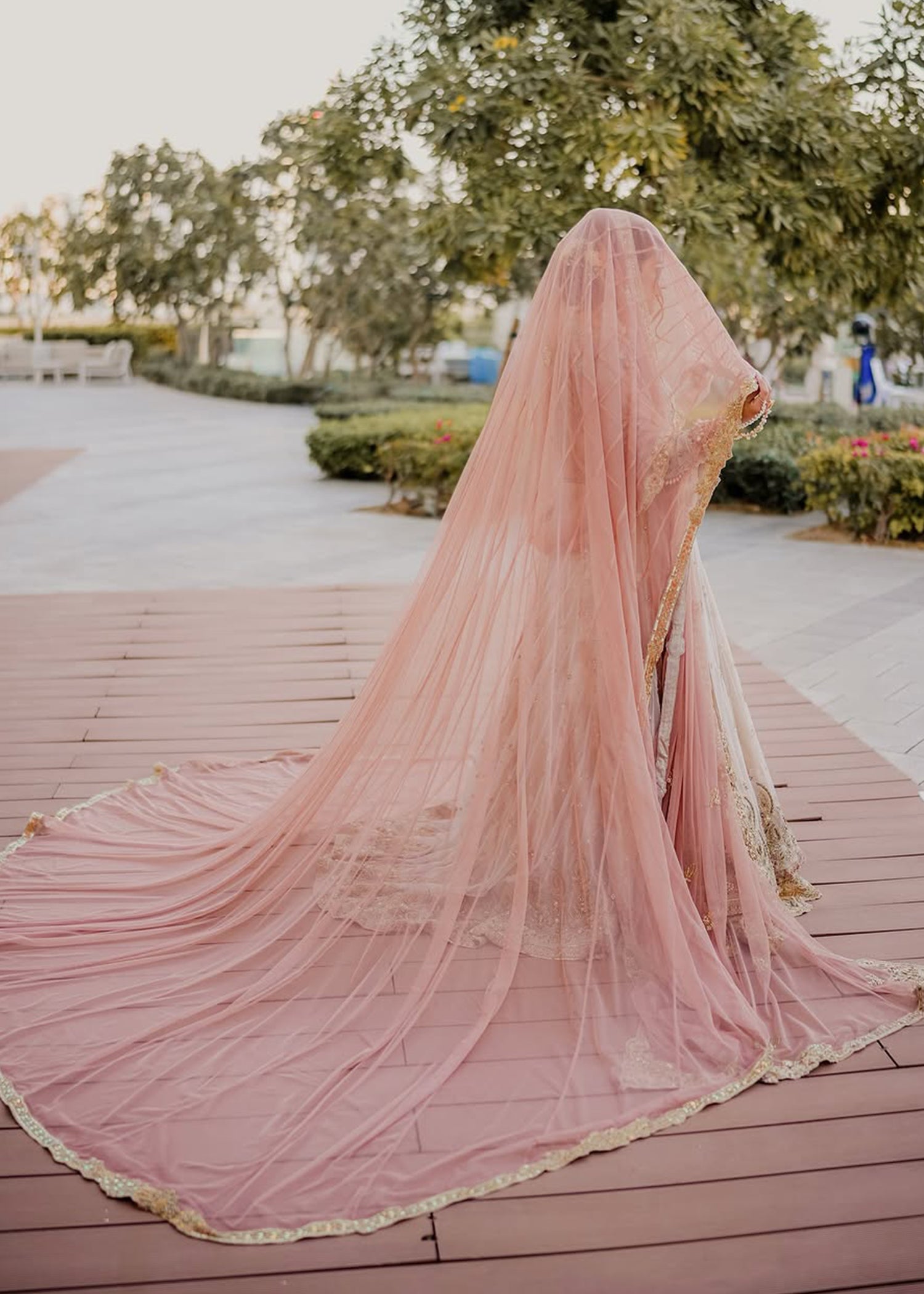 Blush Pink Ivory Embellished Silk Net Bridal Lehenga (3-Piece) - Image 3