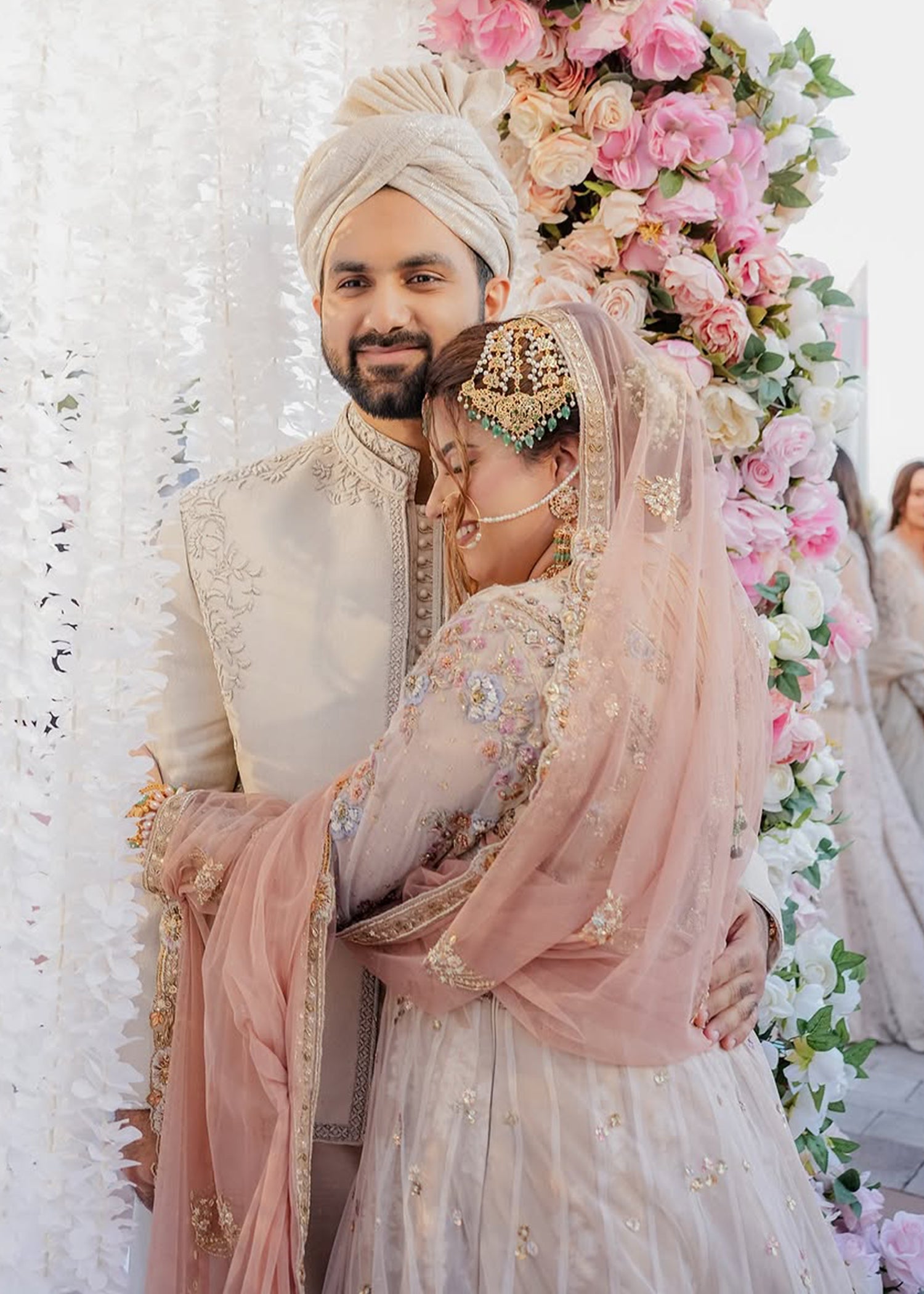 Blush Pink Ivory Embellished Silk Net Bridal Lehenga (3-Piece) - Image 5