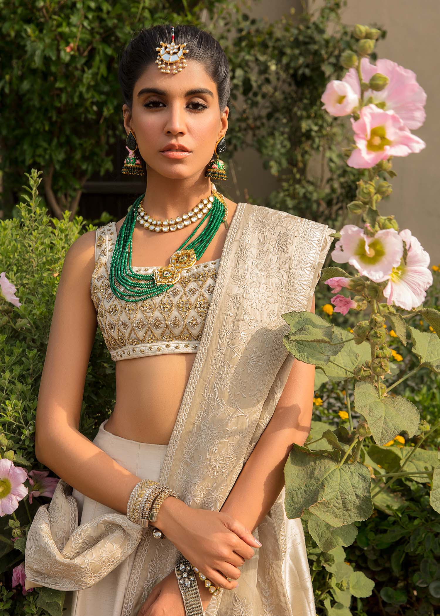 Ivory Gold Embroidered Silk & Organza Lehenga Choli (3-Piece) - Image 2