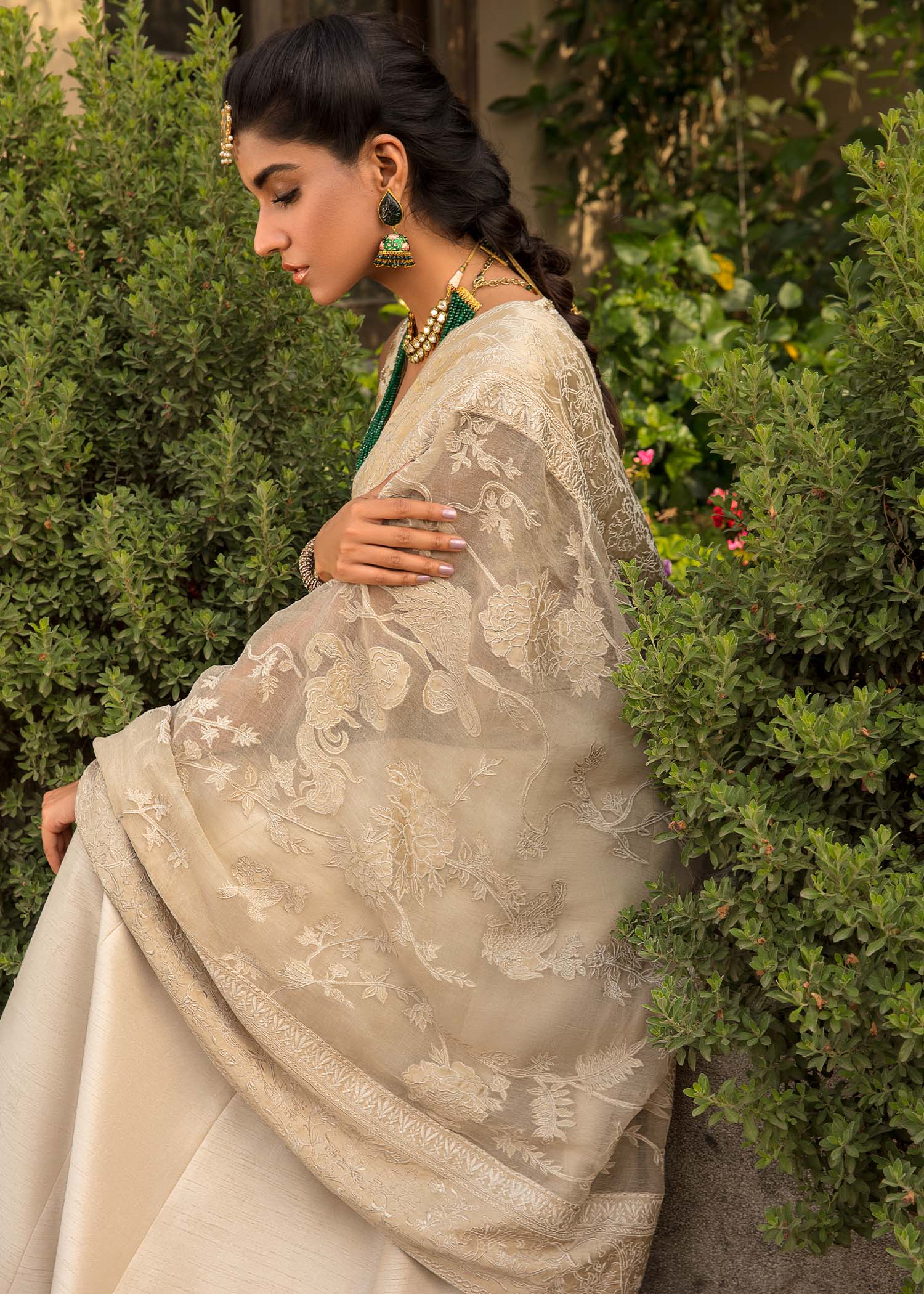 Ivory Gold Embroidered Silk & Organza Lehenga Choli (3-Piece) - Image 3