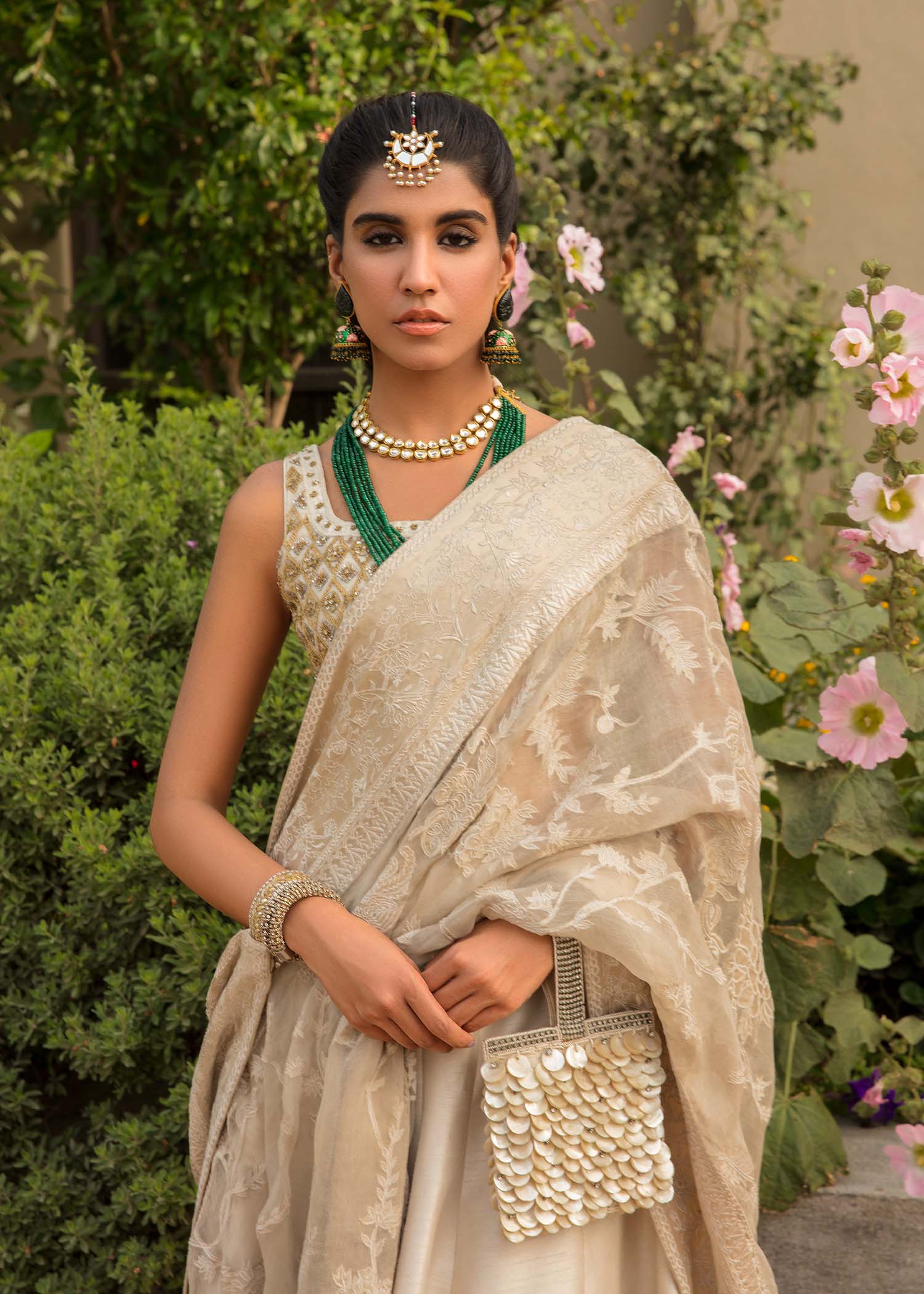 Ivory Gold Embroidered Silk & Organza Lehenga Choli (3-Piece) - Image 4